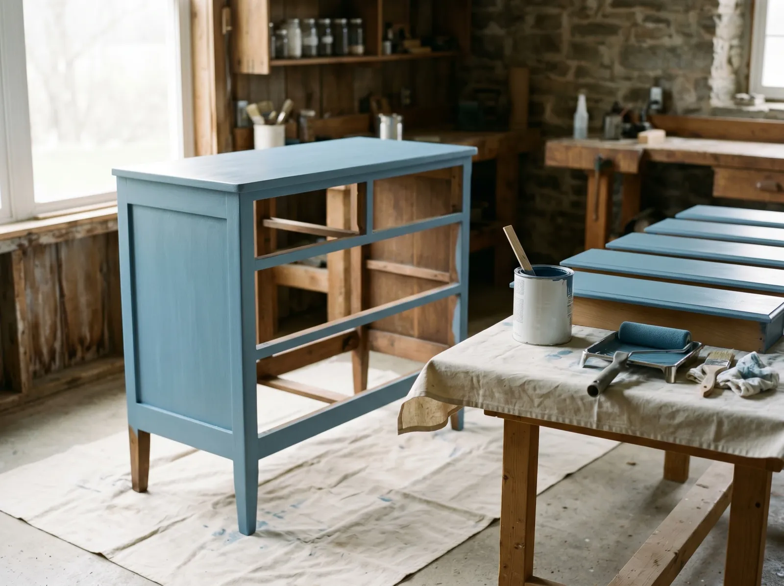 Dresser frame with first coat of blue paint and drawer fronts drying flat