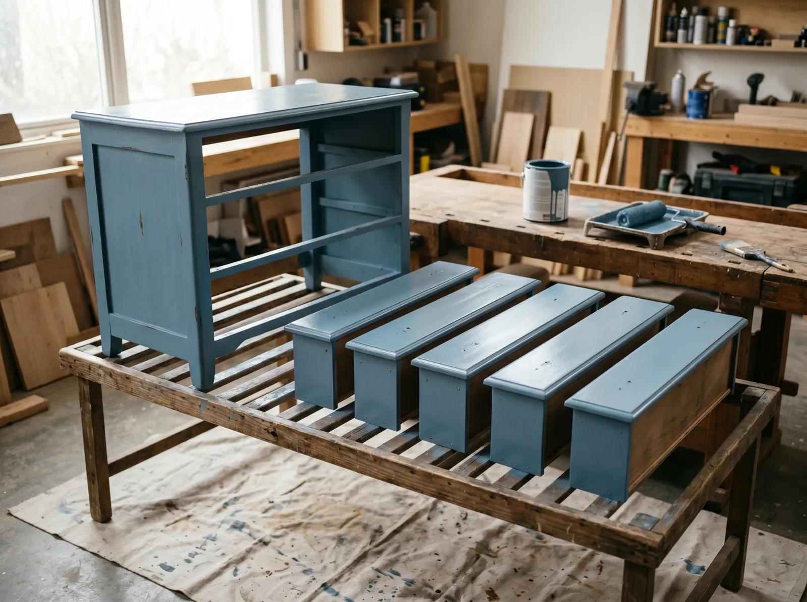Painted dresser frame and drawer fronts curing on a drying rack