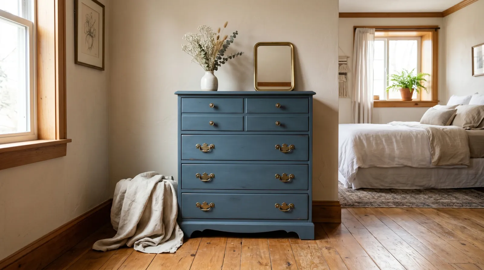 Finished muted-blue dresser with reinstalled brass pulls in a sunlit bedroom