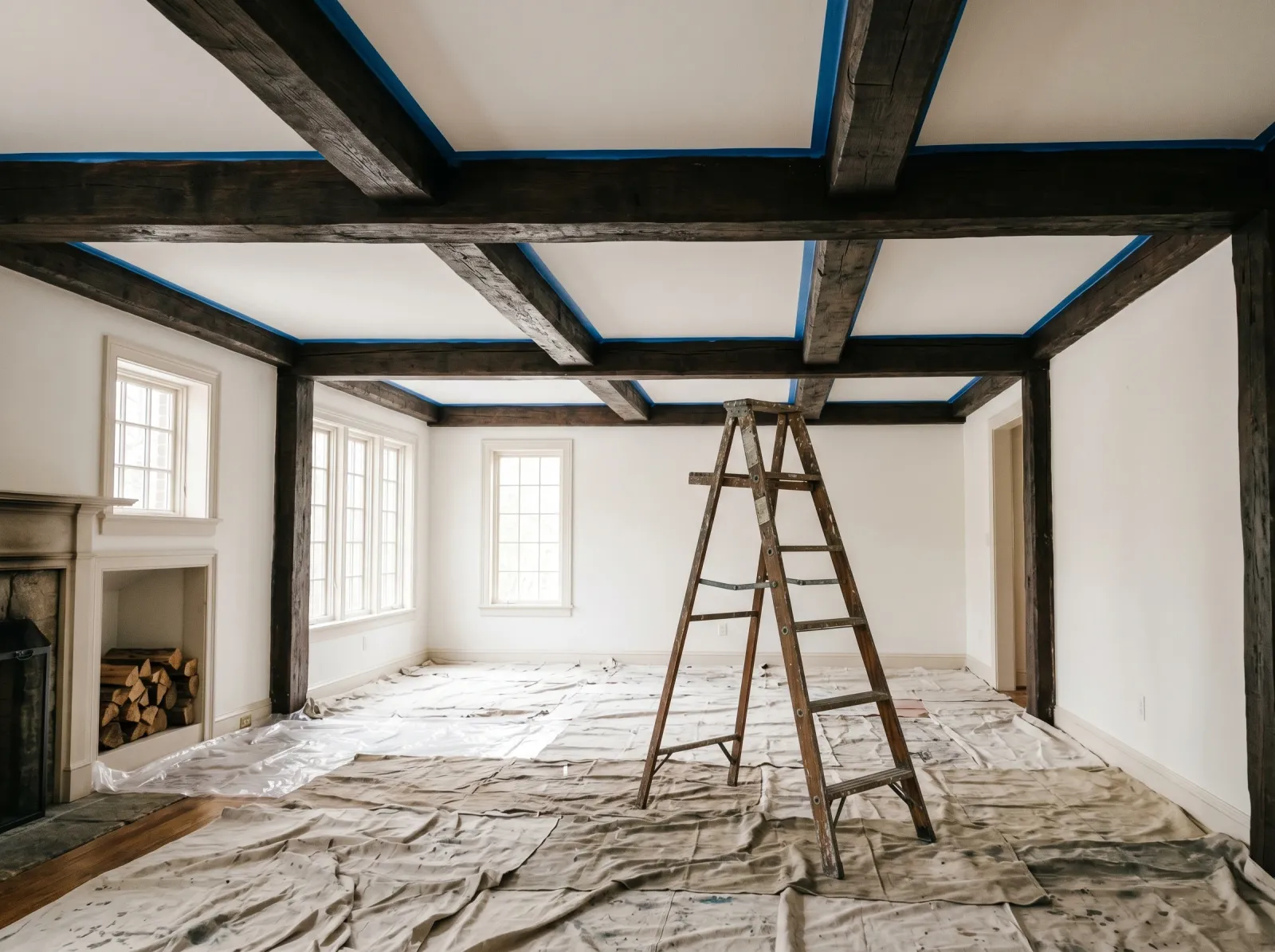 Living room with dark exposed beams, floor fully dropped, tape along the ceiling line, a ladder ready