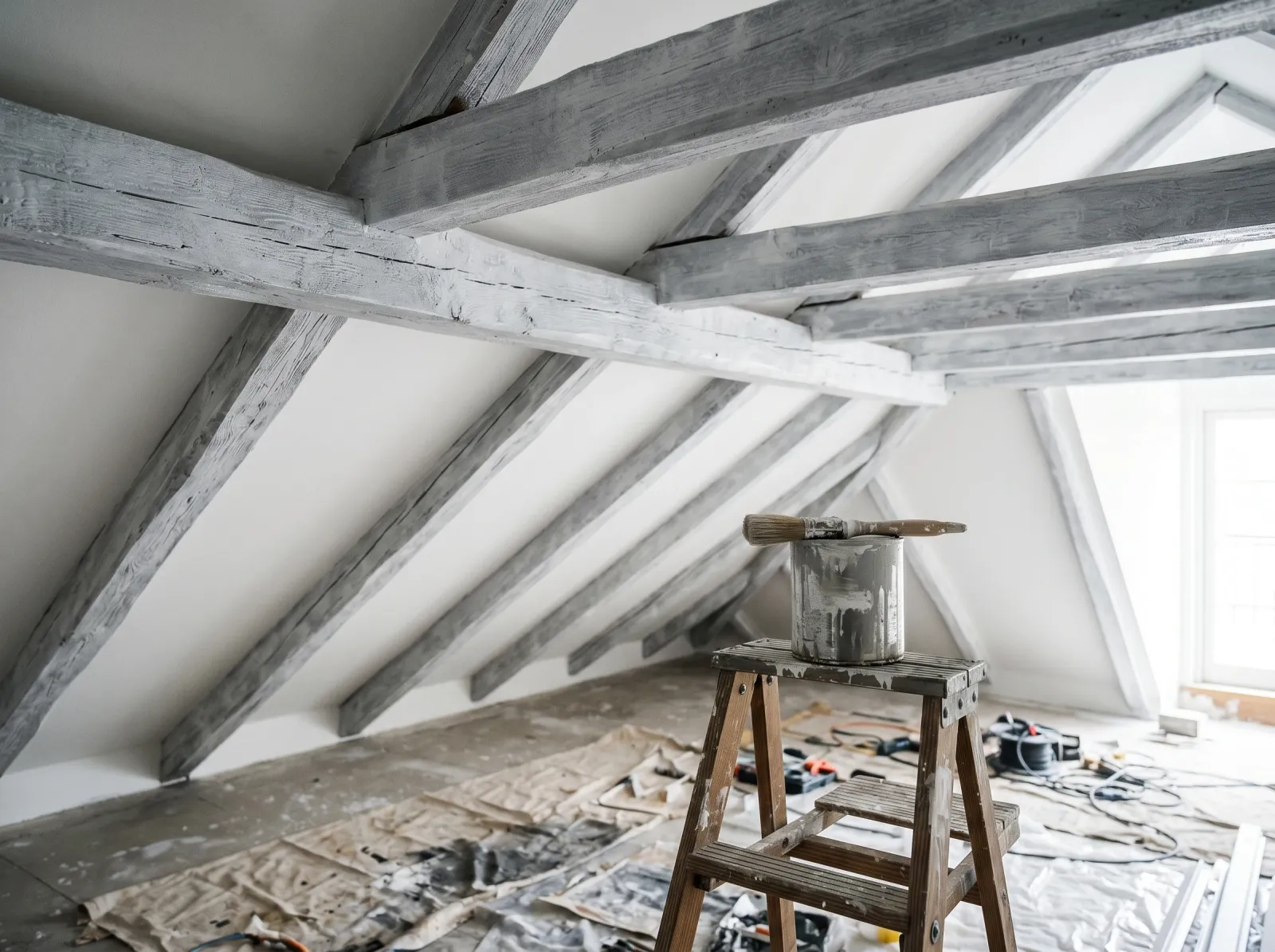 Exposed ceiling beams coated in grey-white stain-blocking primer with the wood tone hidden