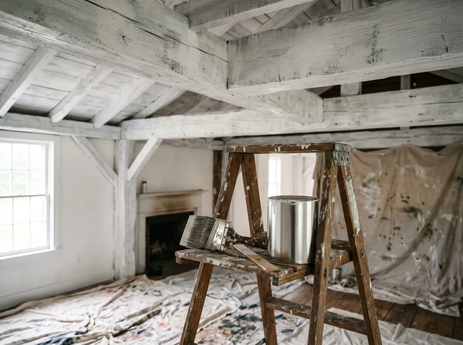 Exposed beams with a first uneven coat of matte white finish paint over primer