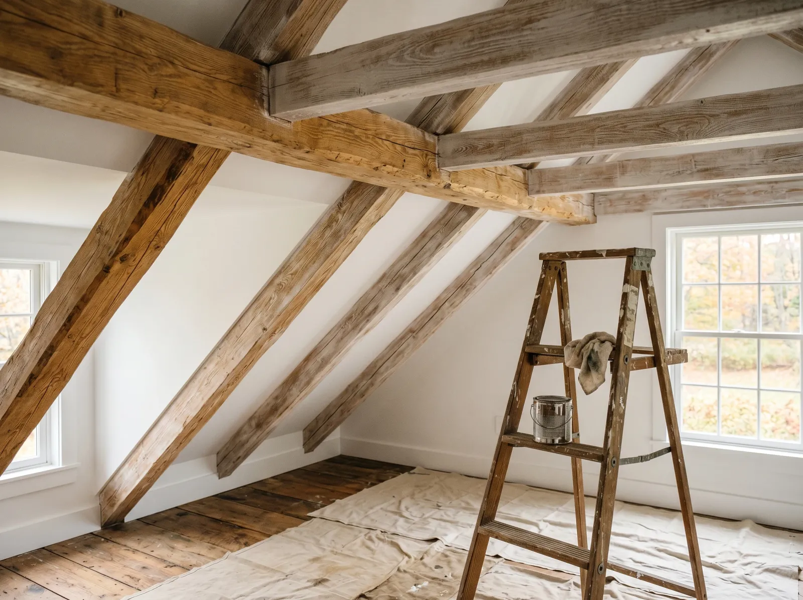 Exposed beams given a thinned whitewash with the wood grain showing through the white