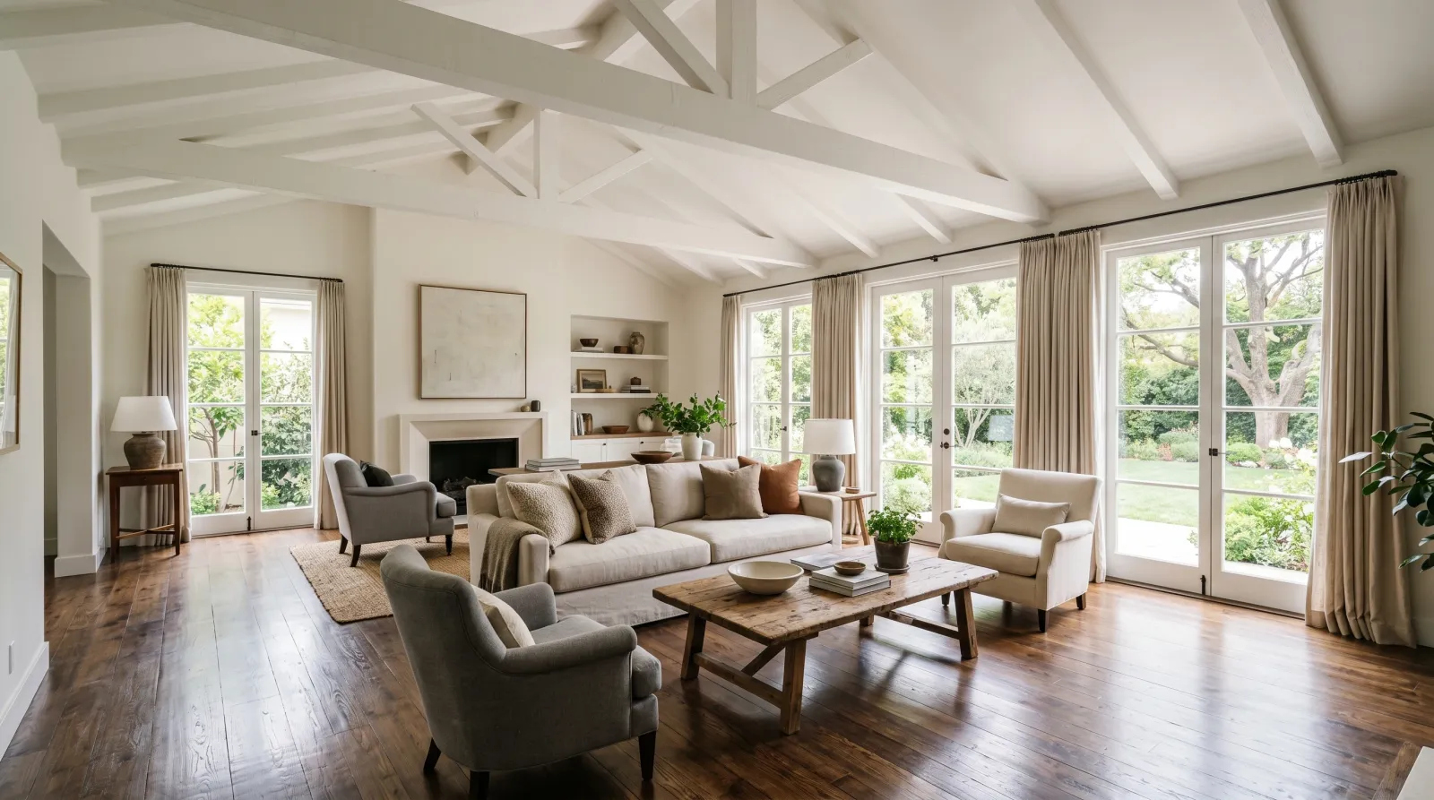 Finished living room with exposed beams painted clean white and the floor reset