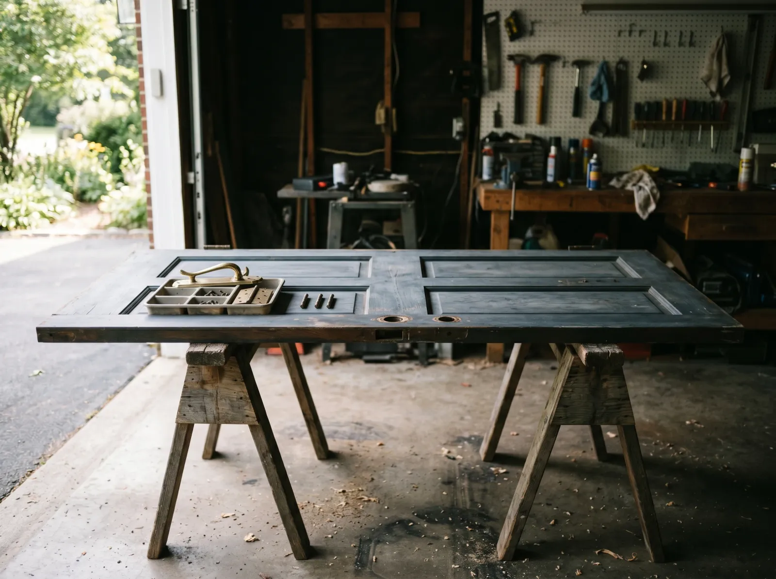 Exterior door laid flat across two sawhorses with hardware removed and bagged