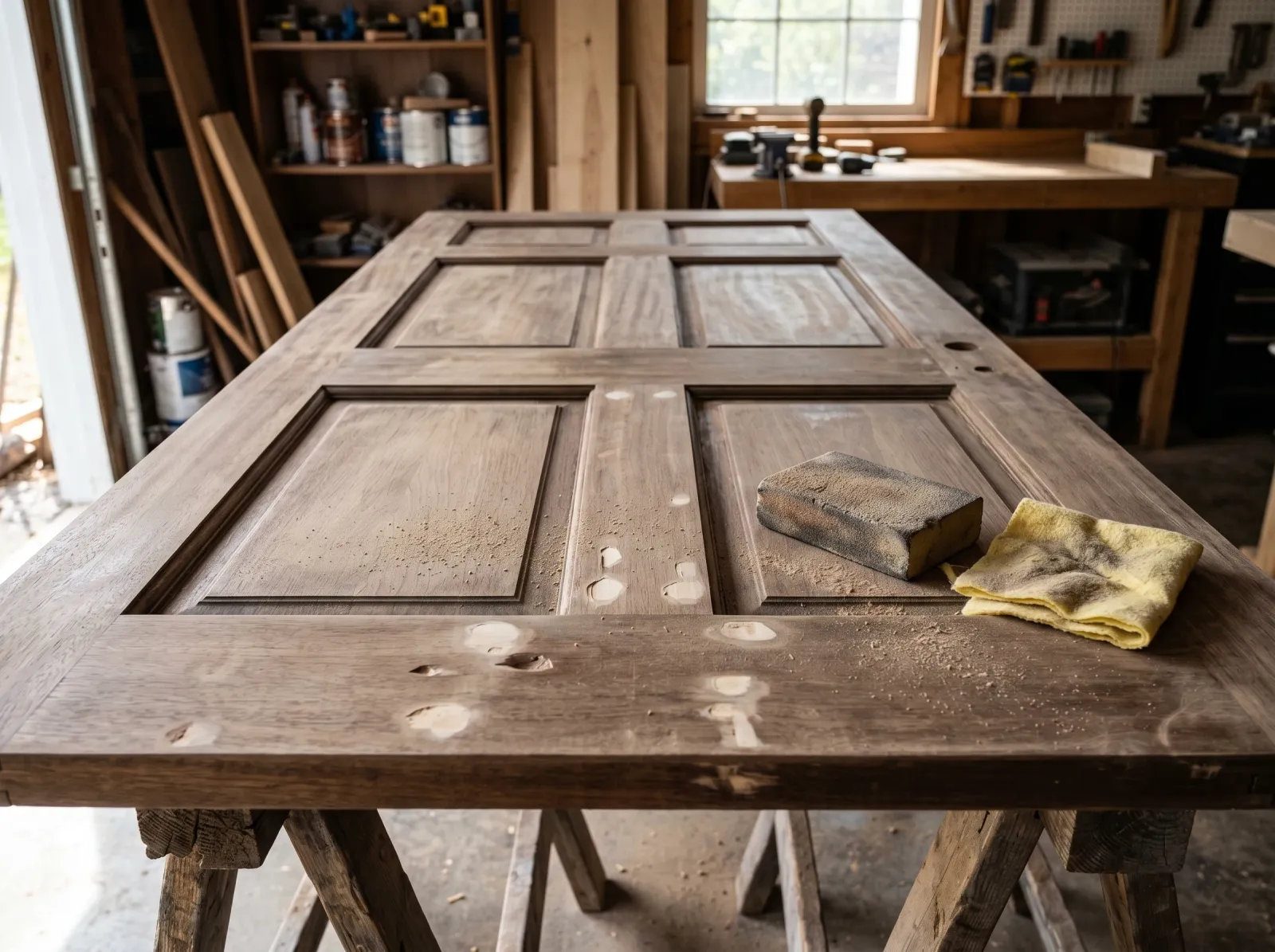 Sanded exterior door with the old gloss dulled and small filled dents showing