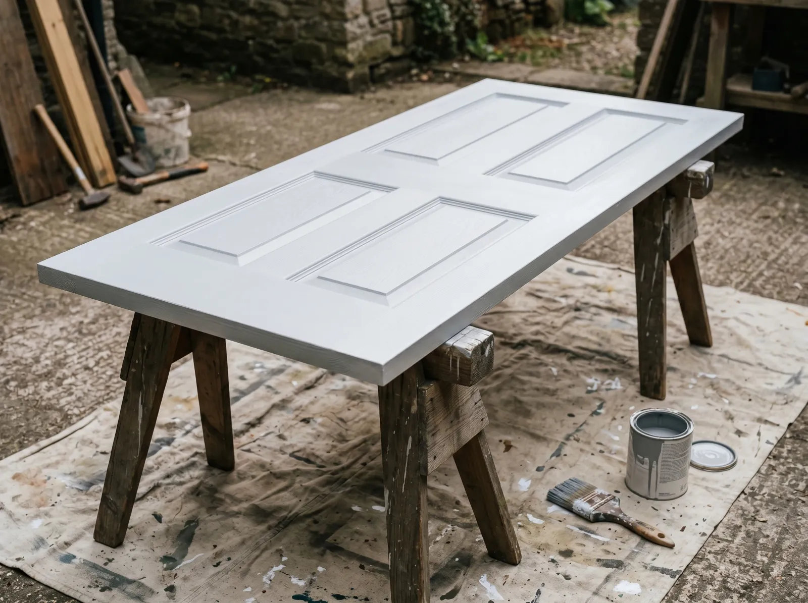 Exterior door coated in white-grey bonding primer including the edges
