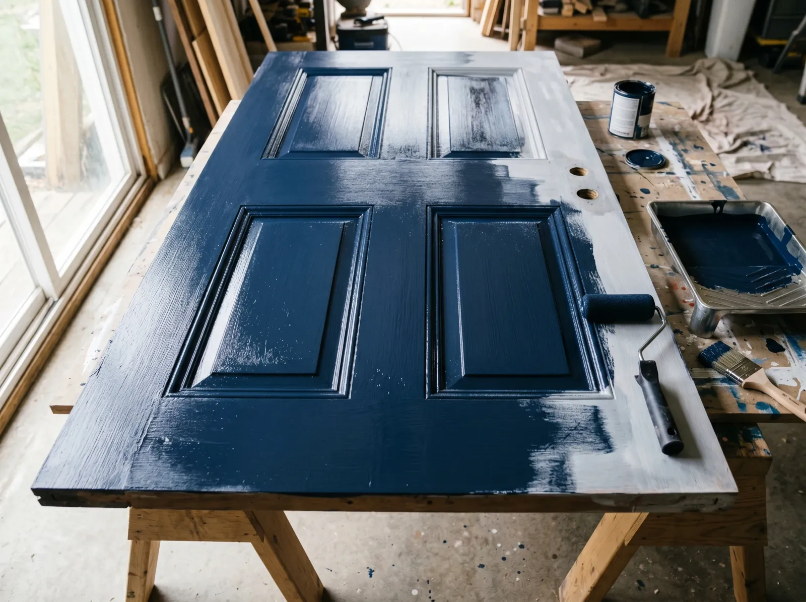 Exterior door with first navy enamel coat going on, panels painted first