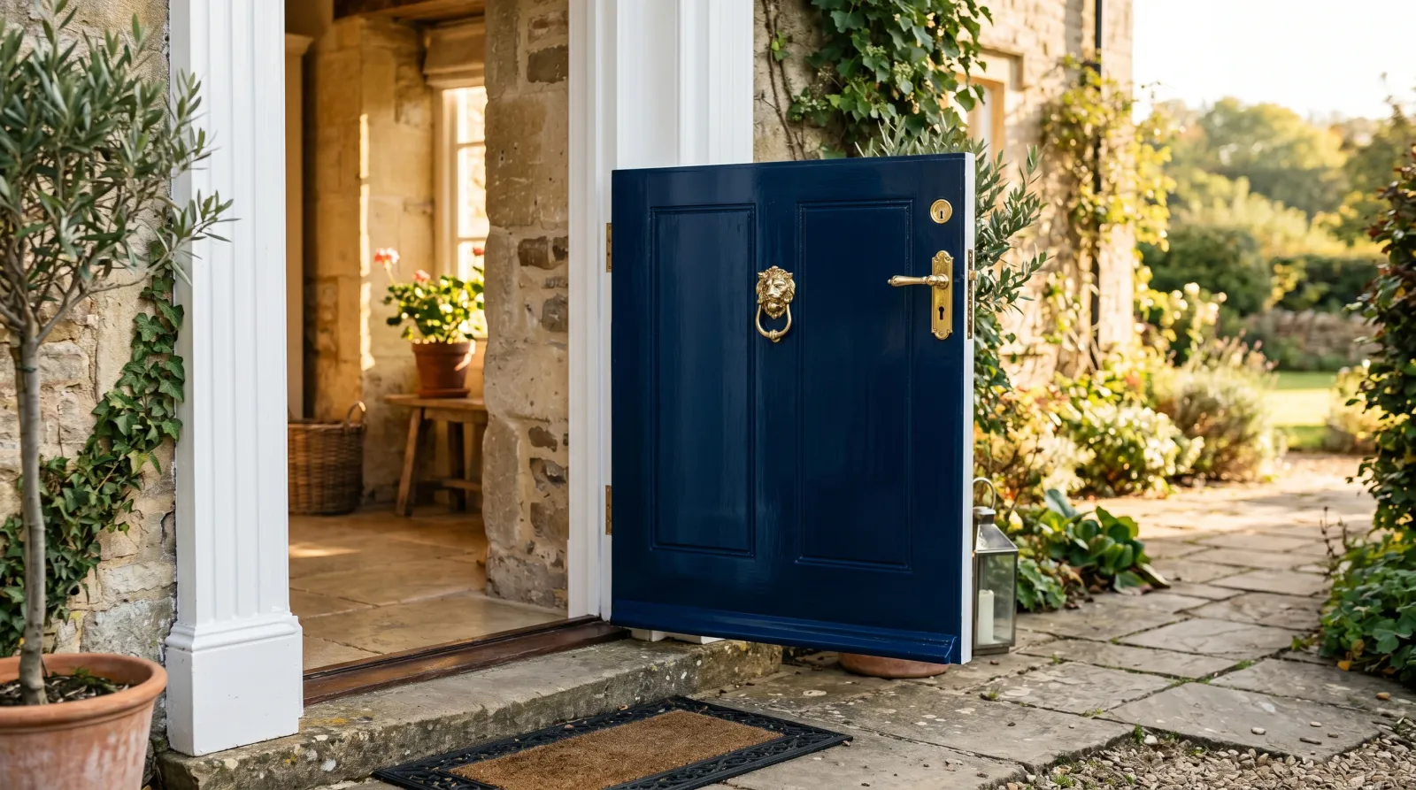 Finished navy exterior door rehung in its frame with brass hardware back on