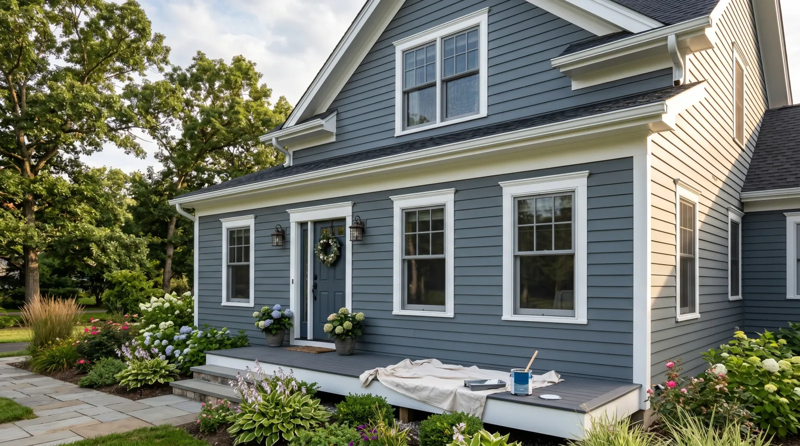House exterior with freshly painted crisp white trim against gray-blue siding in late daylight