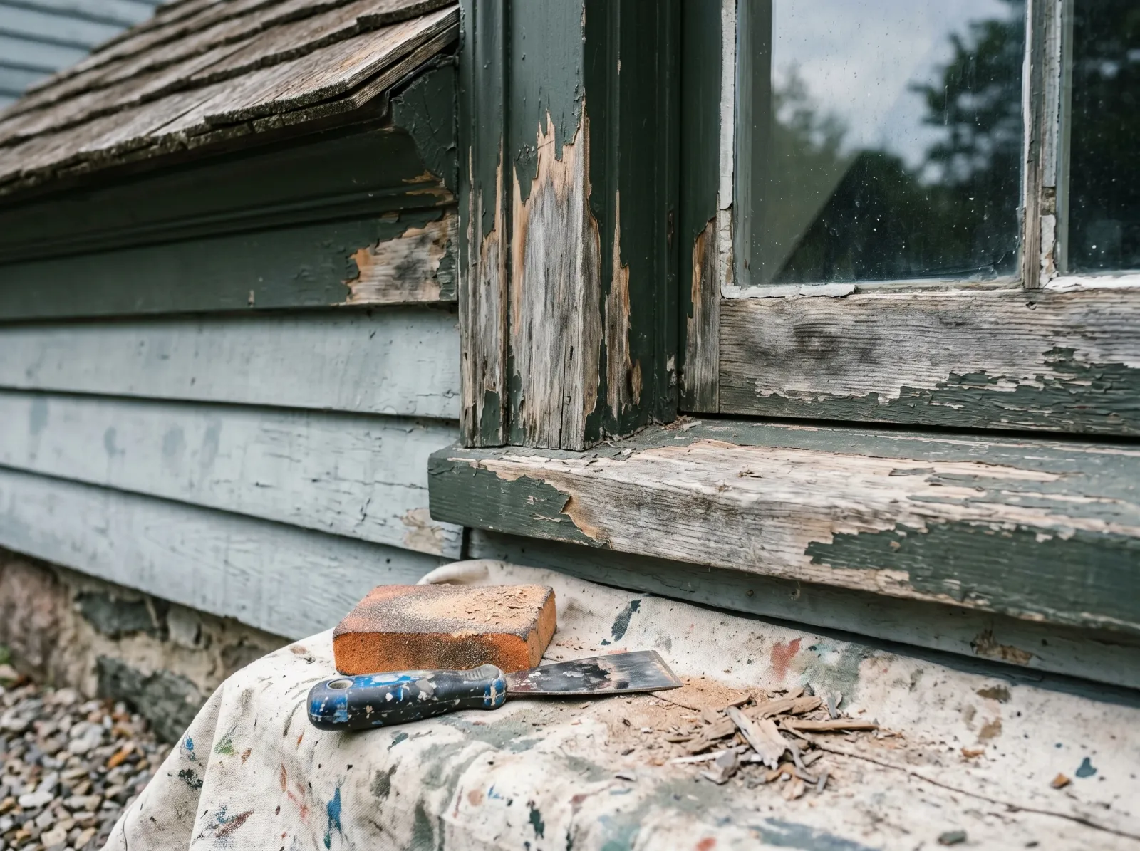 Exterior trim scraped down to bare wood patches with a scraper and sanding sponge below
