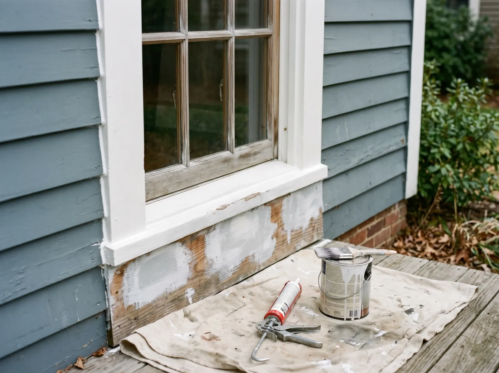 Exterior trim with a fresh caulk bead at the siding joint and bare spots coated in primer