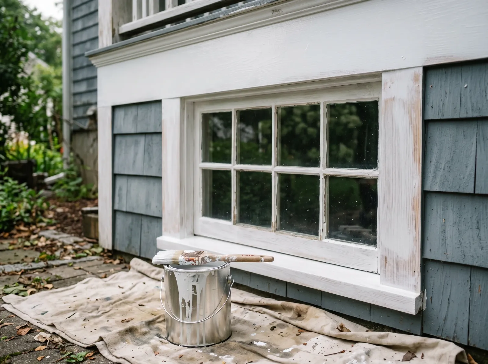 Exterior trim with a thin first coat of white semi-gloss enamel, siding still original color