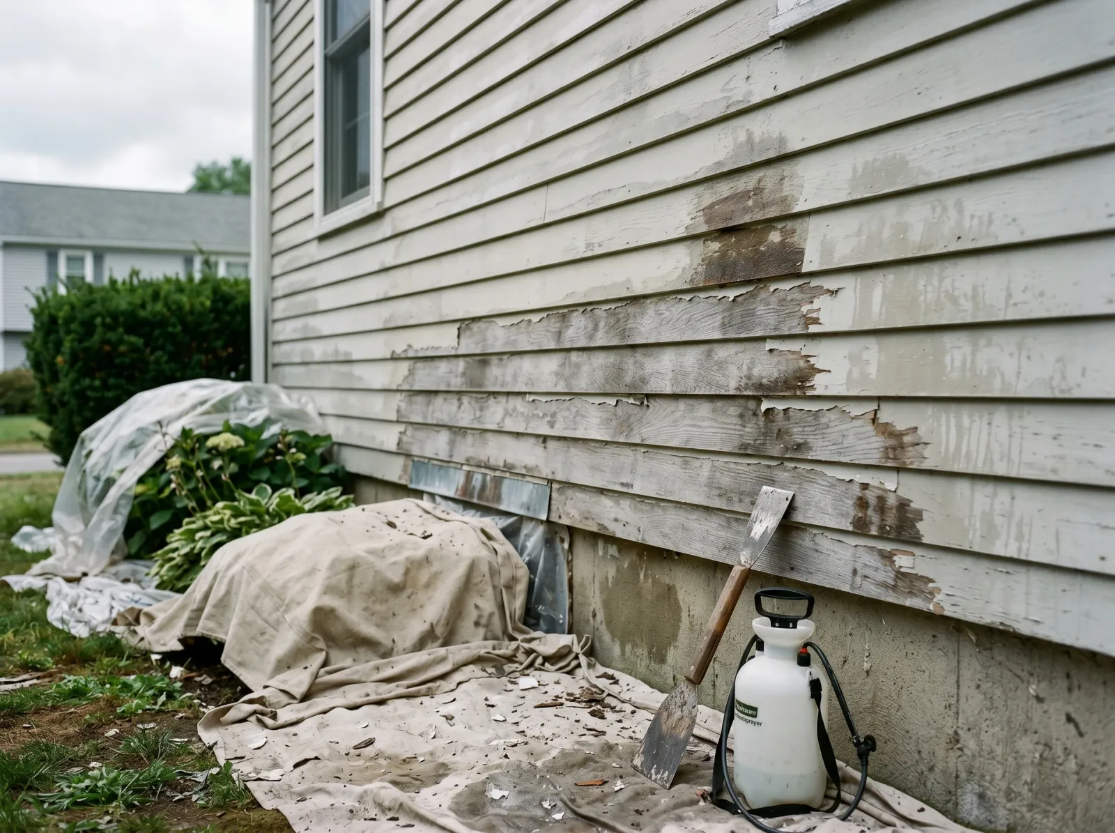 House wall washed and scraped with bare wood patches feathered smooth before priming