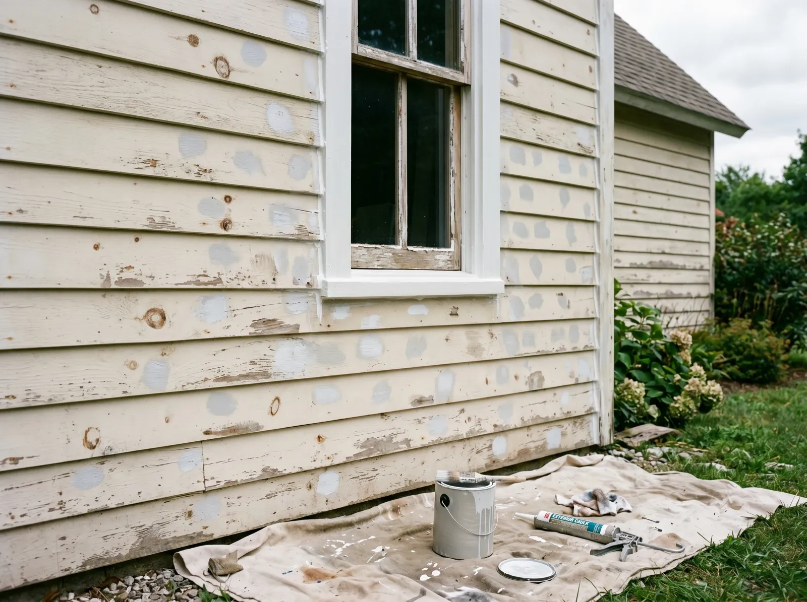 House wall with bare patches spot-primed and fresh caulk run along the trim and window joints