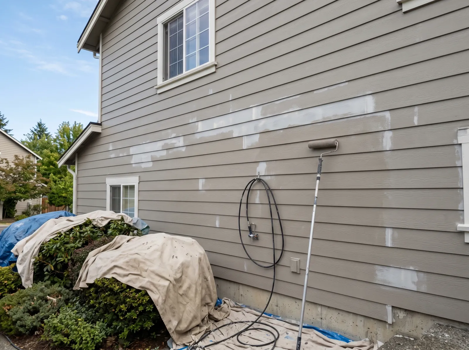 House wall with first coat of warm-grey paint sprayed and back-rolled, sprayer and roller staged