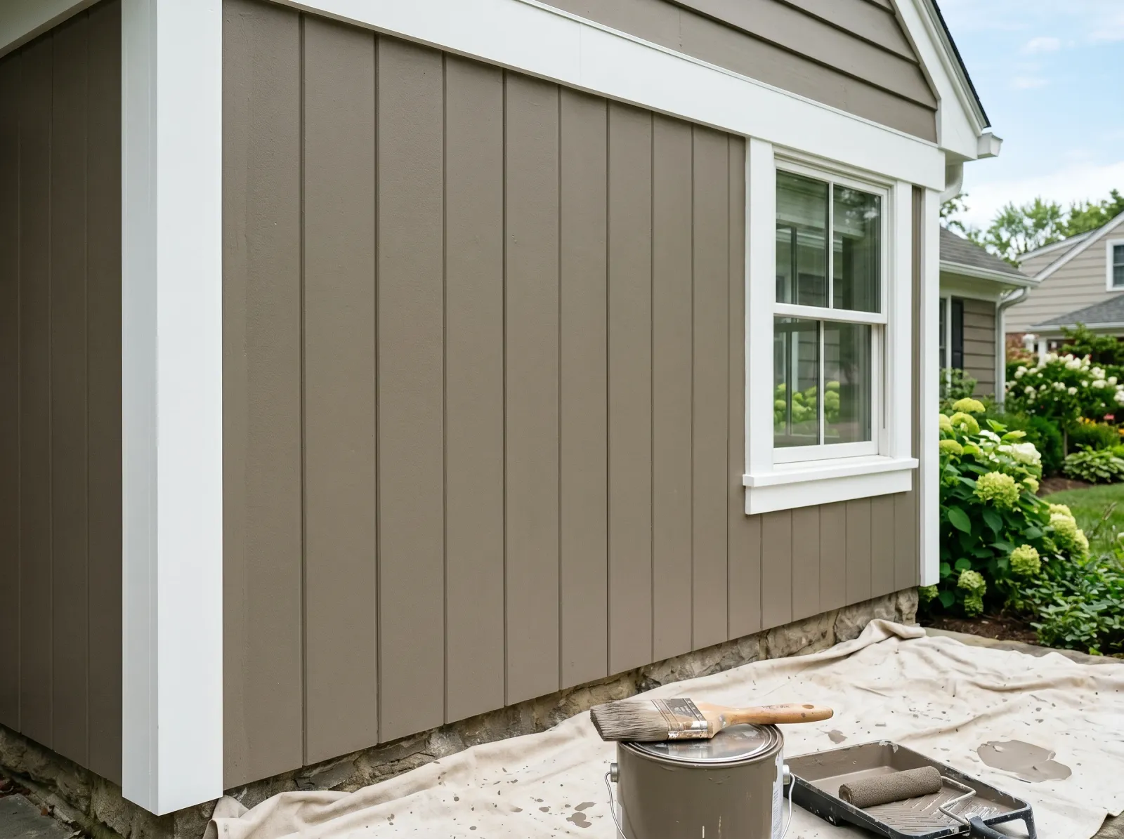 House wall with even second coat of siding paint and crisply cut-in white trim