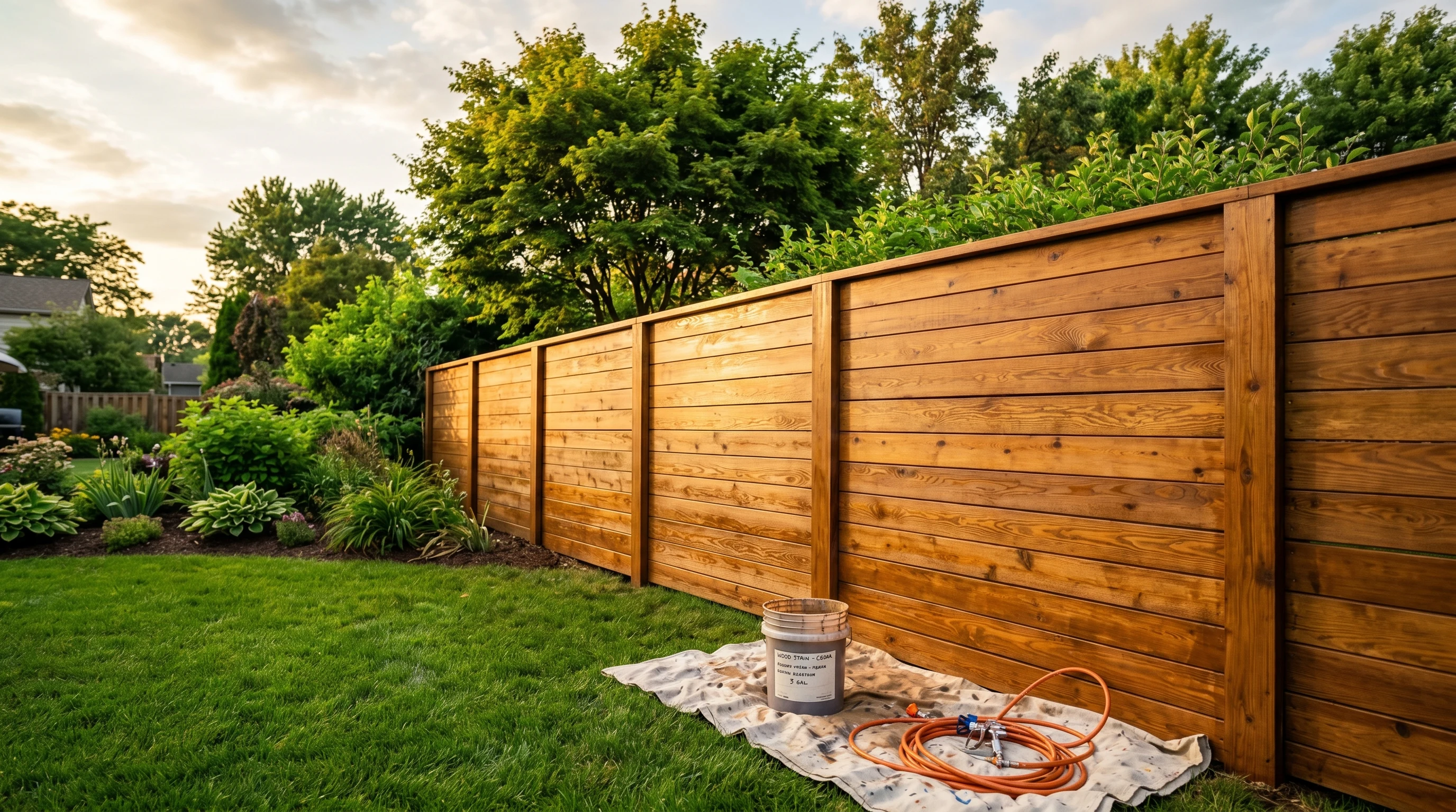 Freshly stained cedar privacy fence in warm semi-transparent finish with grain visible, late afternoon sunlight, sprayer hose and stain pail at the base