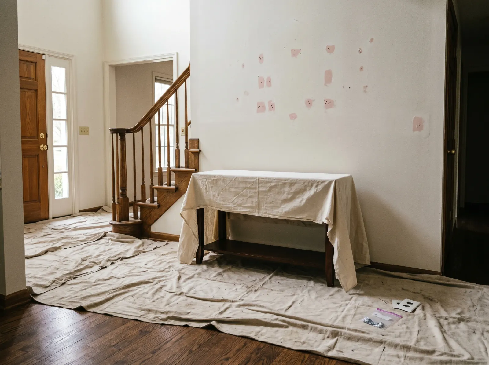 Foyer prepped with table draped, walls patched, and switch plate removed