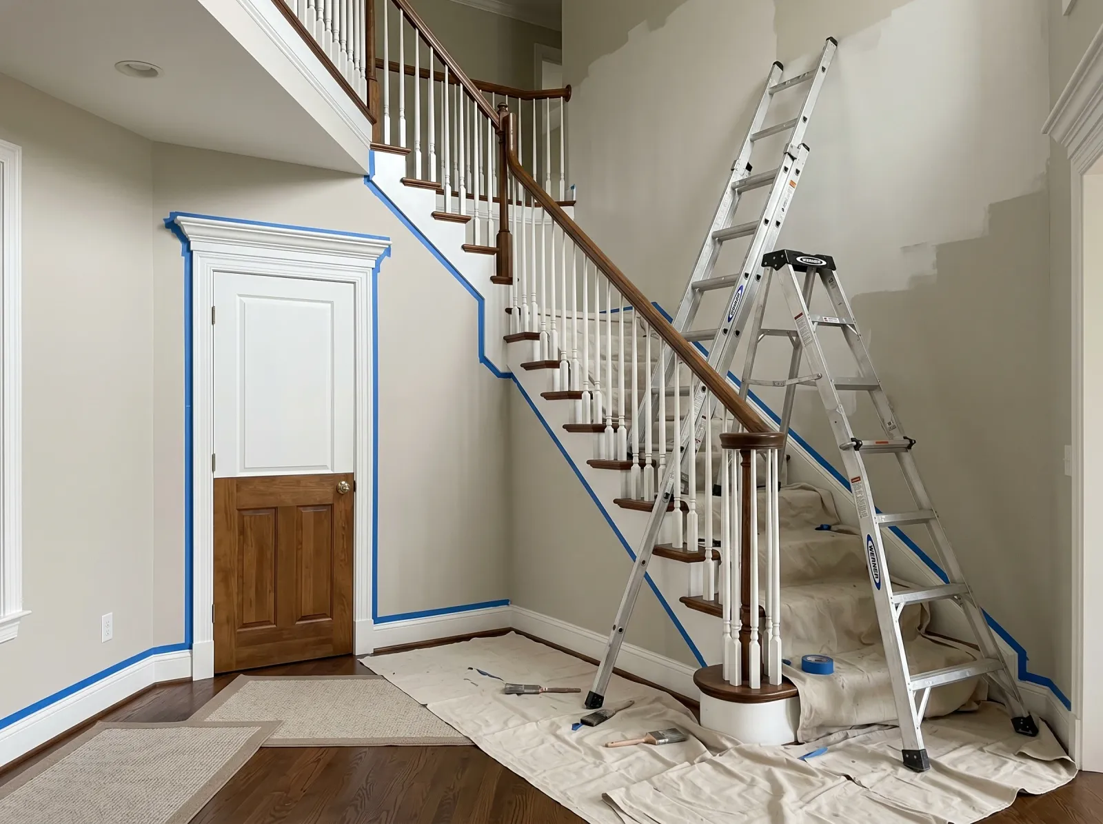 Foyer taped off with a multi-position ladder set up on the stairs to reach the tall wall
