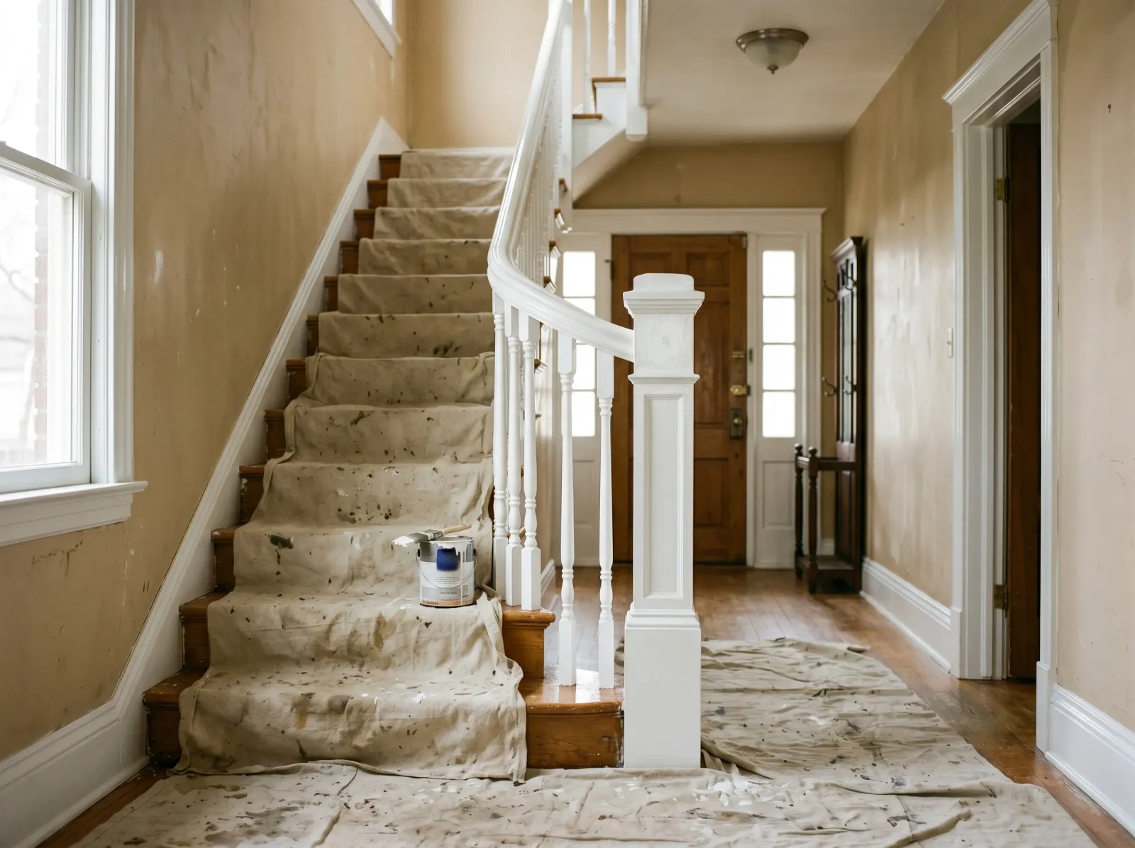 Foyer with trim and stair railing freshly painted white and walls still in the original color
