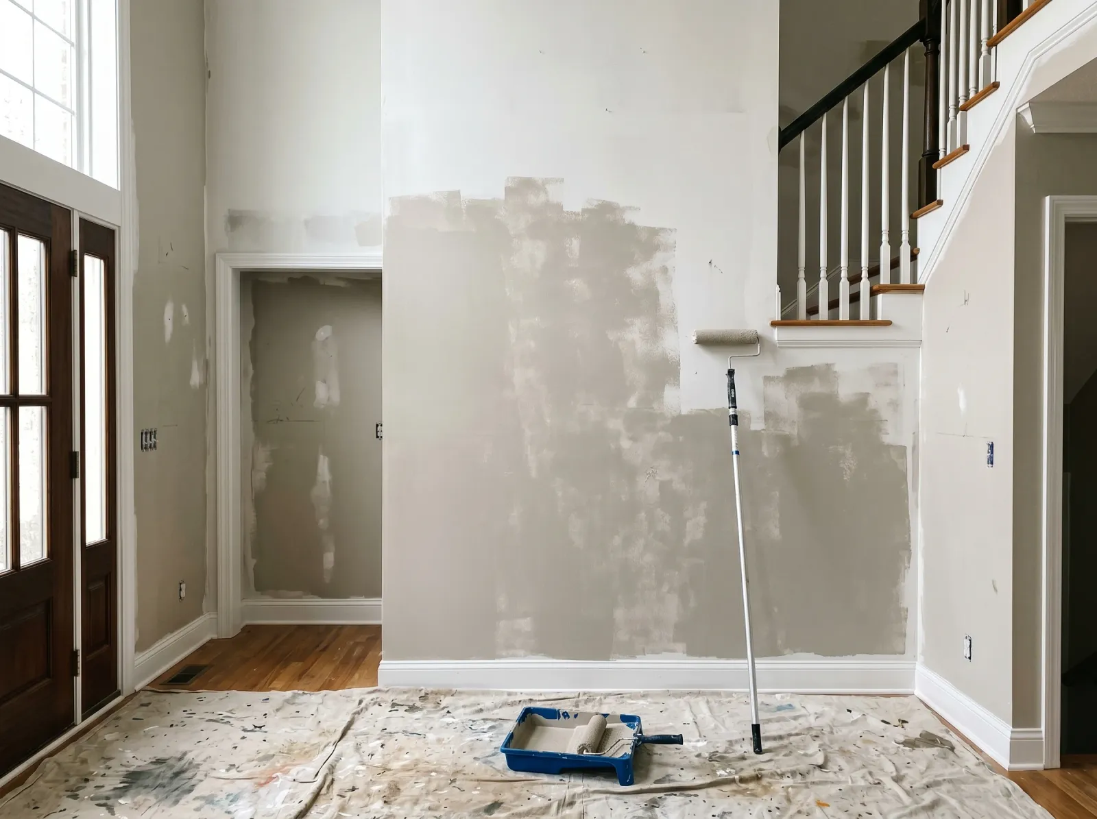Foyer mid-paint with a patchy first coat of warm greige including the tall stairwell wall