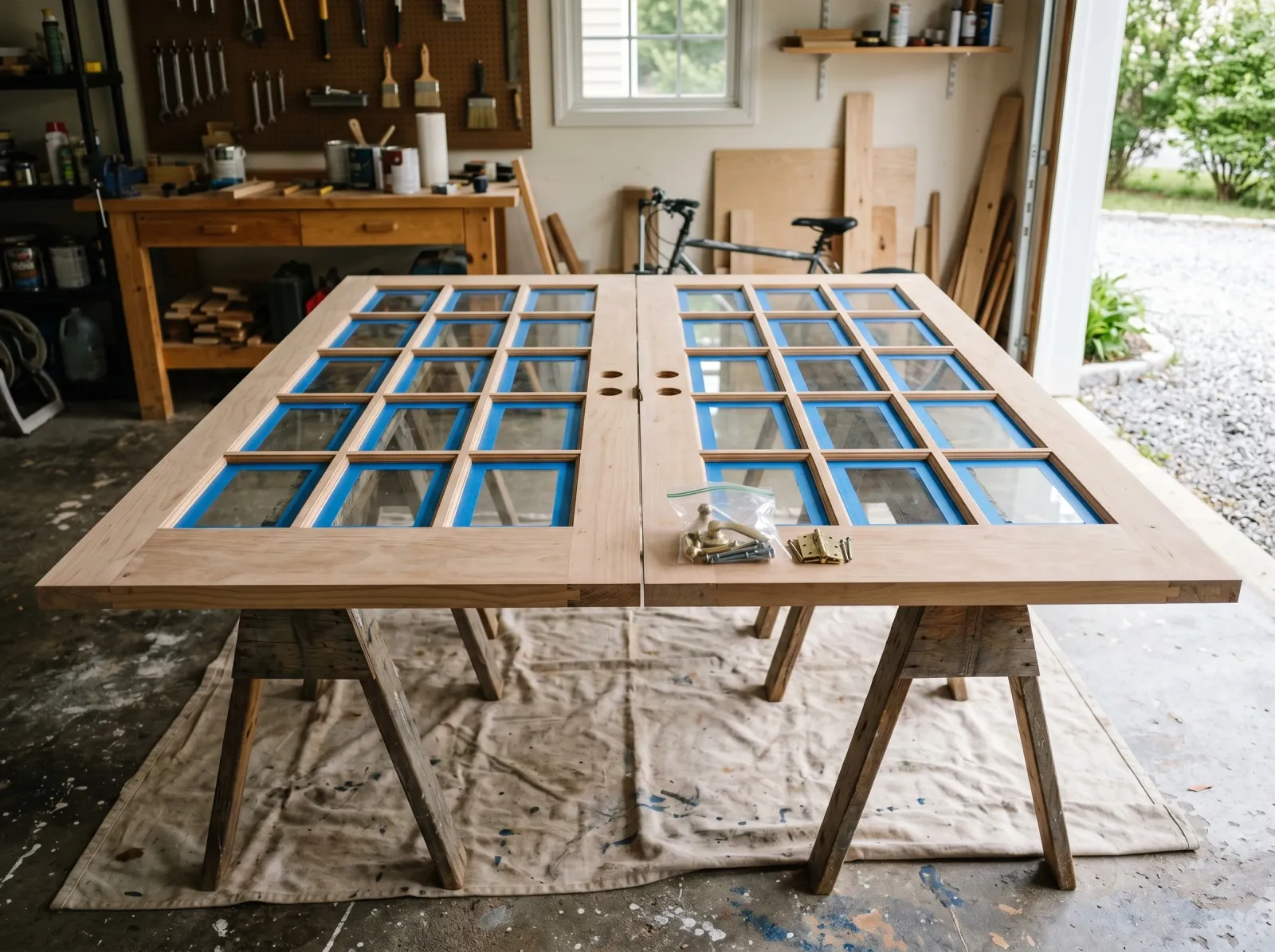 French doors laid flat on sawhorses with glass panes masked off with tape