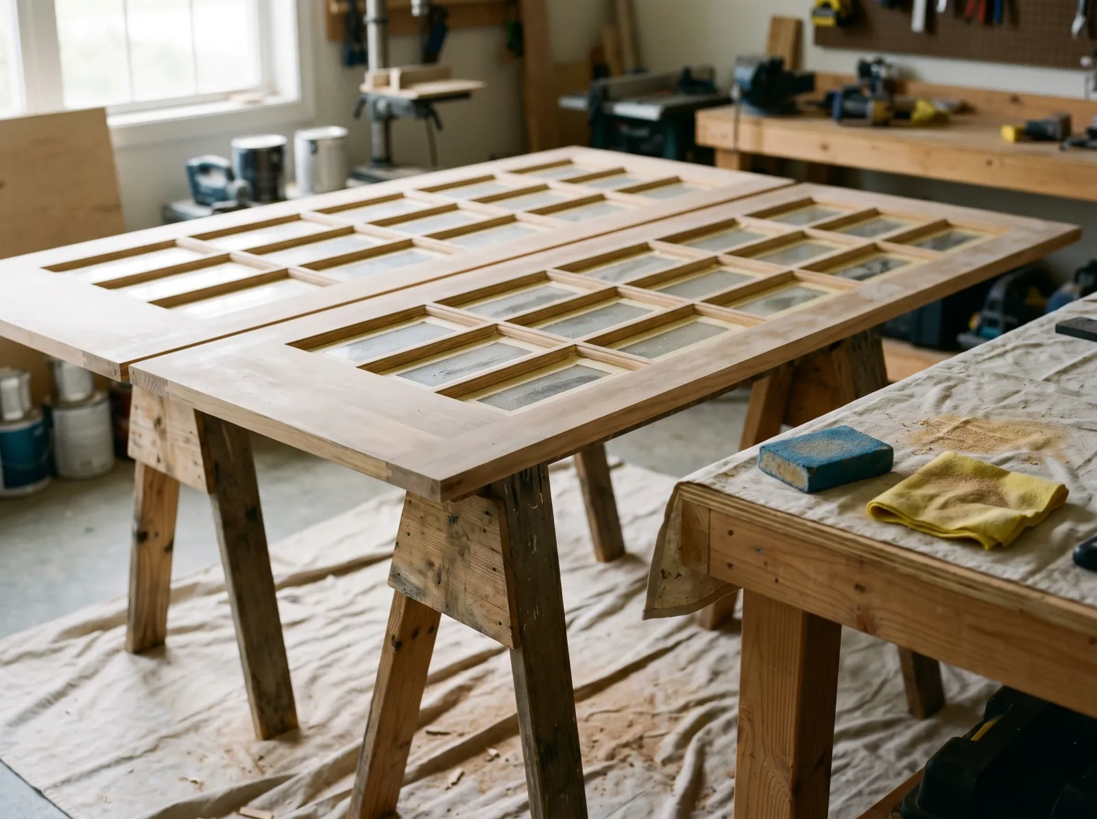 Scuff-sanded French doors on sawhorses with a sanding sponge nearby