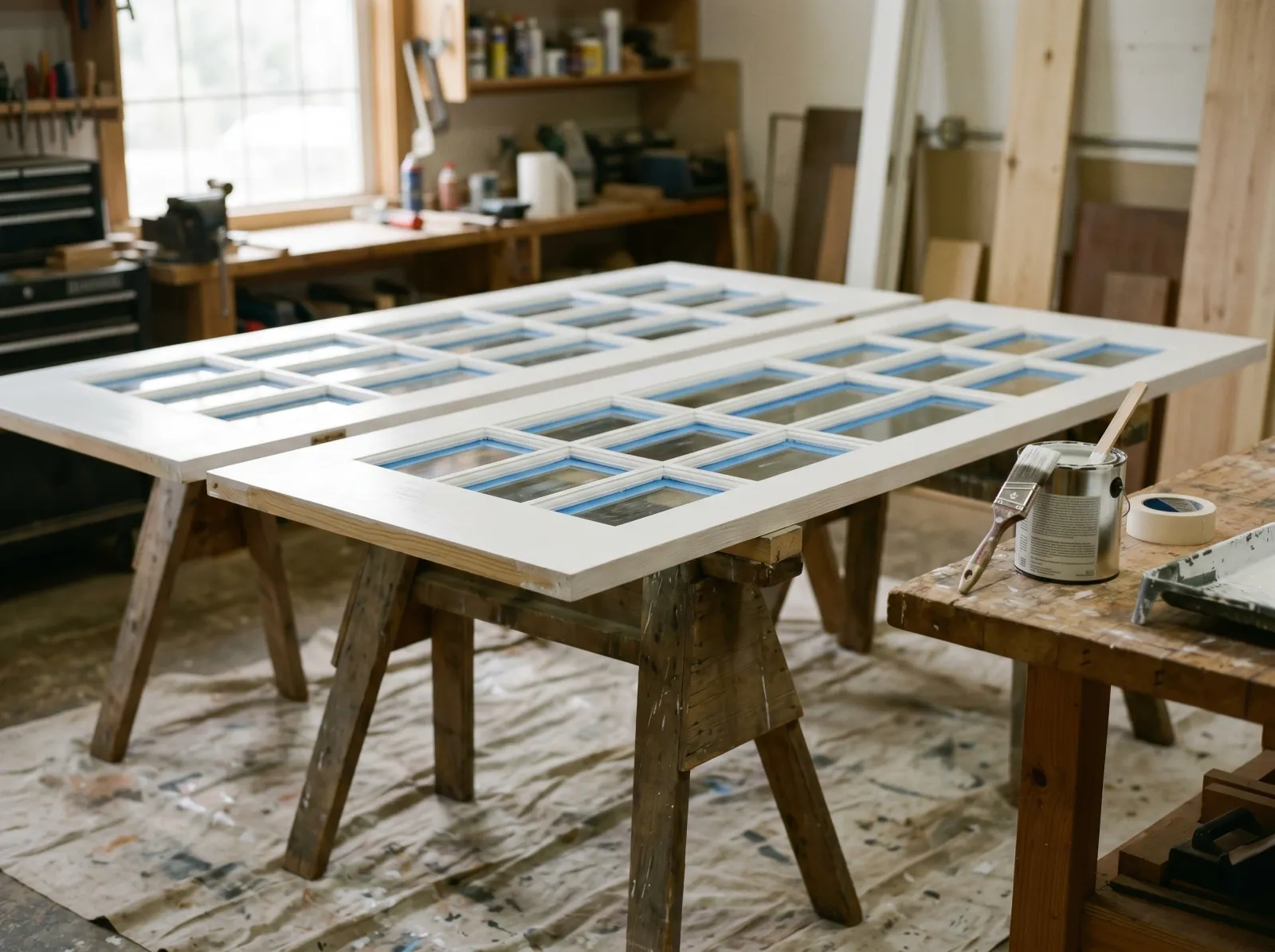 French doors with a thin first coat of white paint on the muntins and panels