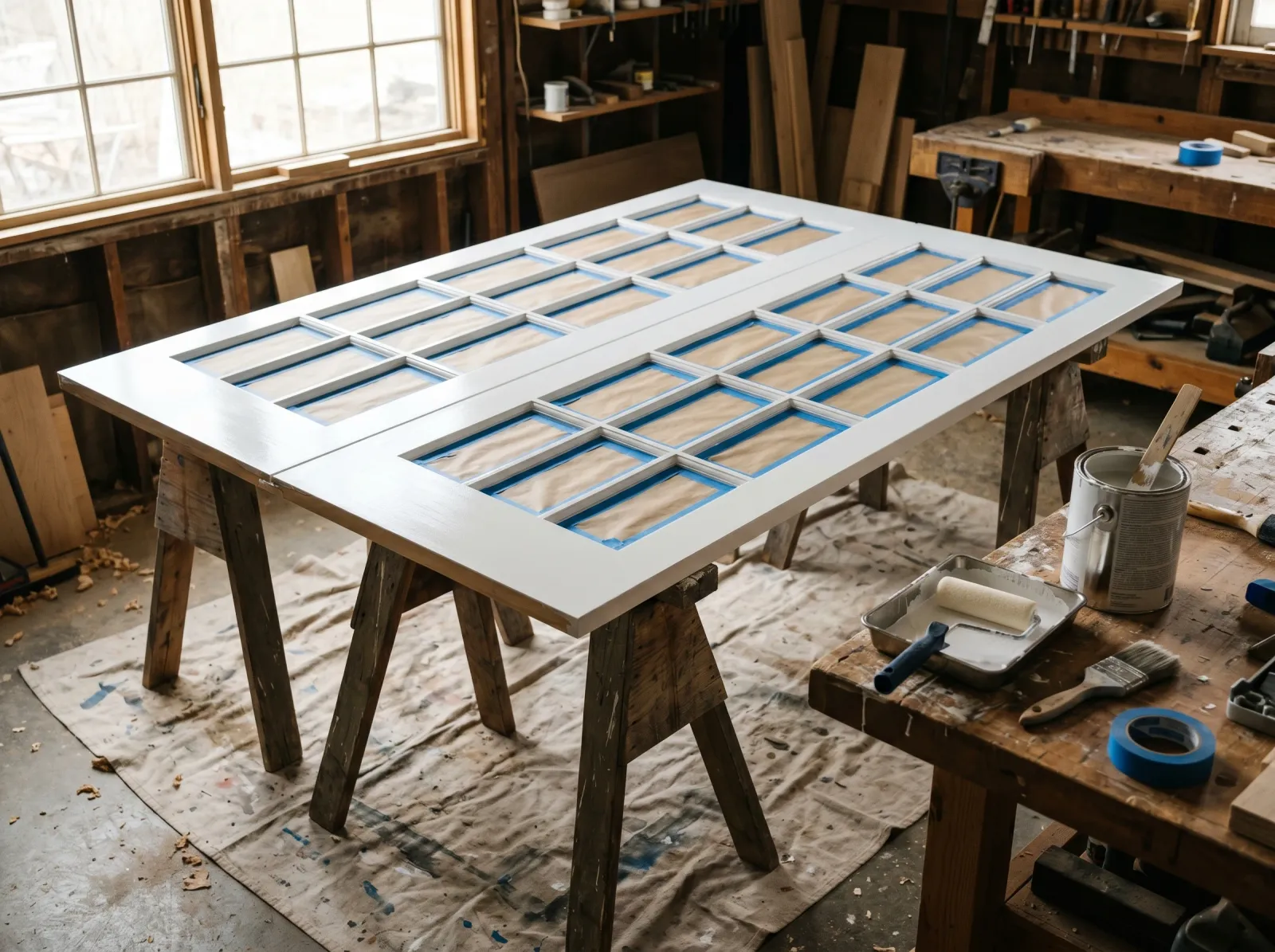 French doors with a smooth second coat drying flat on sawhorses
