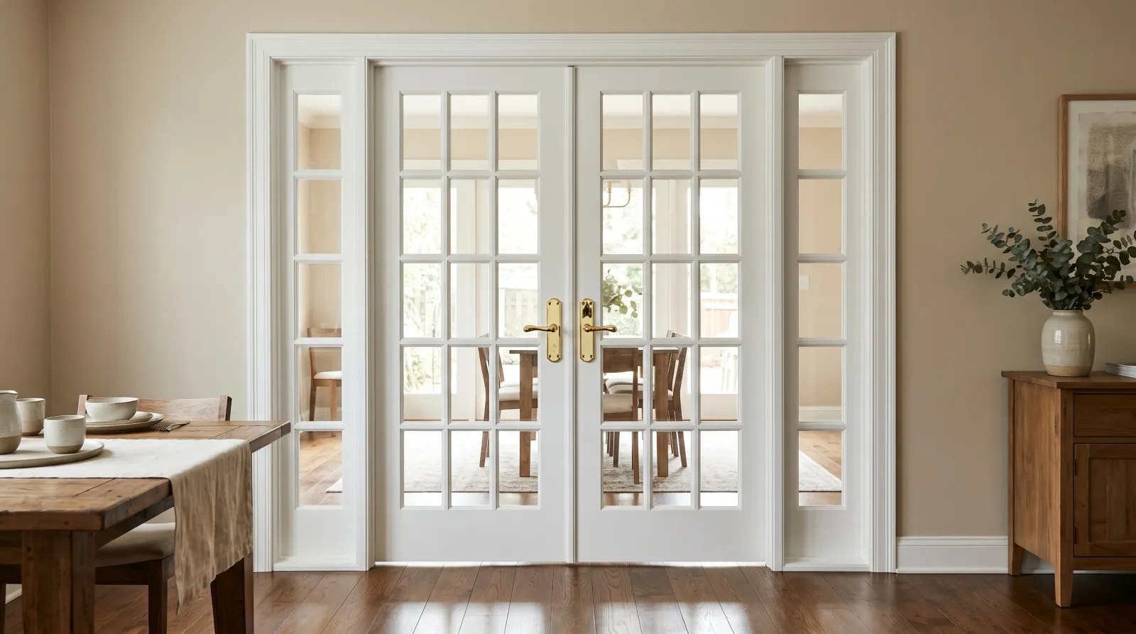 Finished white French doors rehung on the frame with clean glass and brass handles