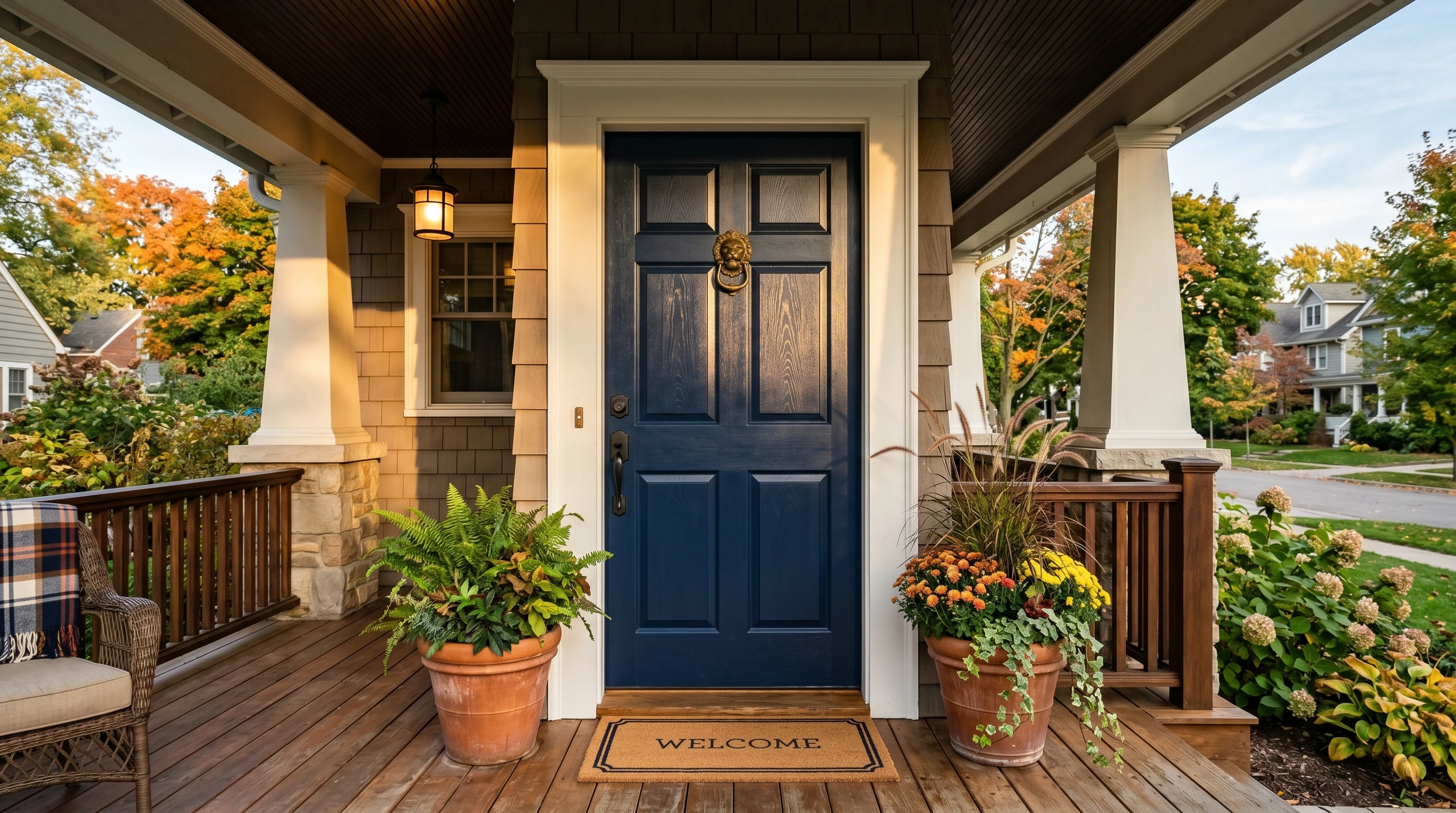 Freshly painted navy front door on a craftsman porch in late afternoon sun