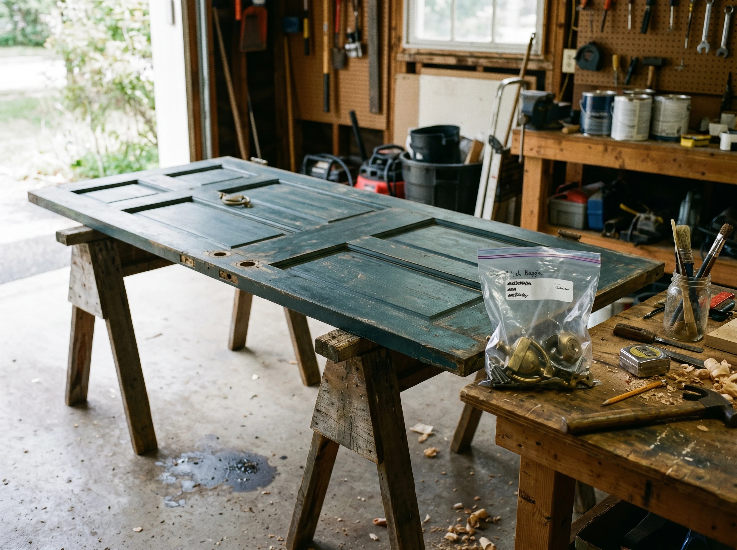 Exterior front door laid flat on sawhorses with hardware removed and bagged