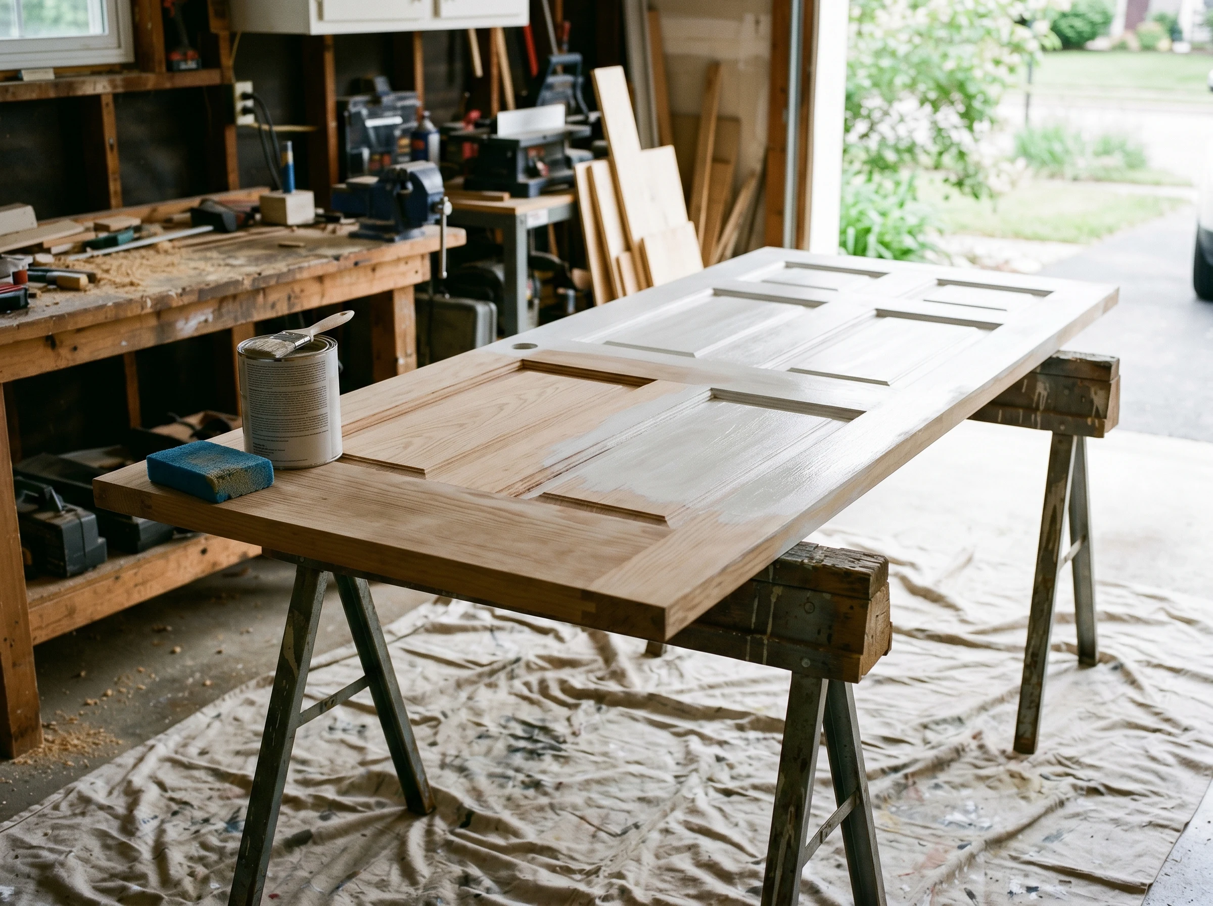 Front door coated in BIN shellac primer, drying flat on sawhorses