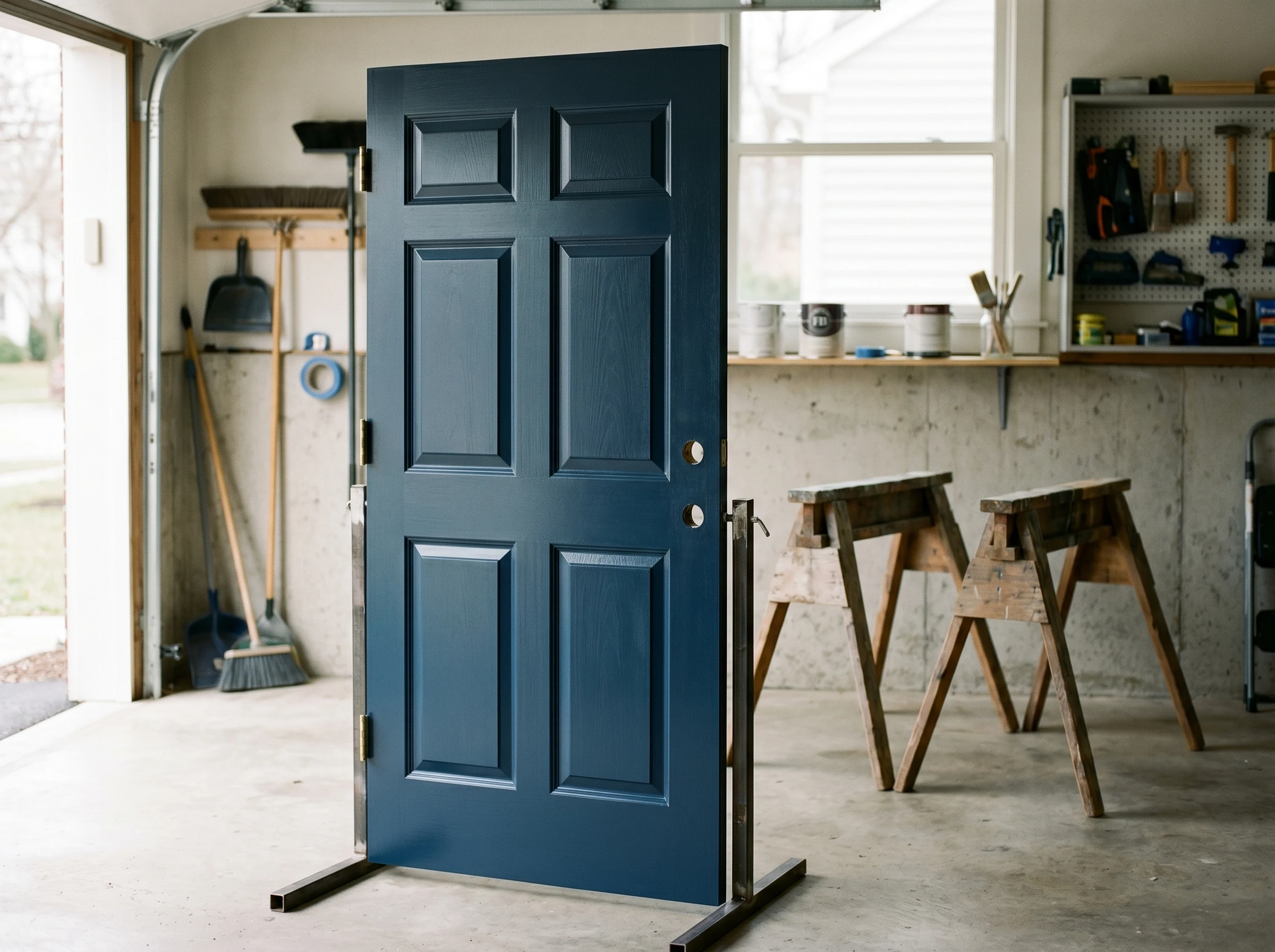 Navy front door curing upright on a hinge stand
