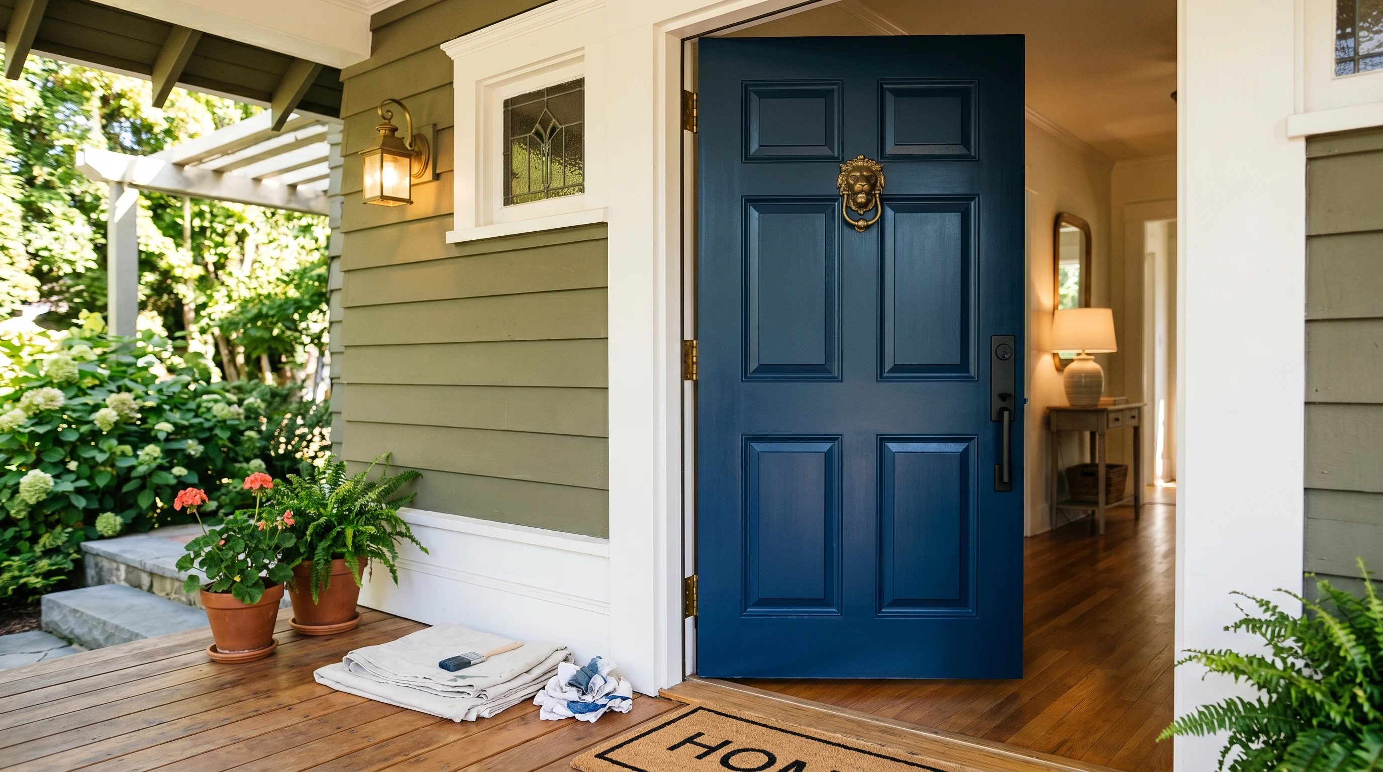 Finished navy front door re-hung with brass knocker and hardware reinstalled