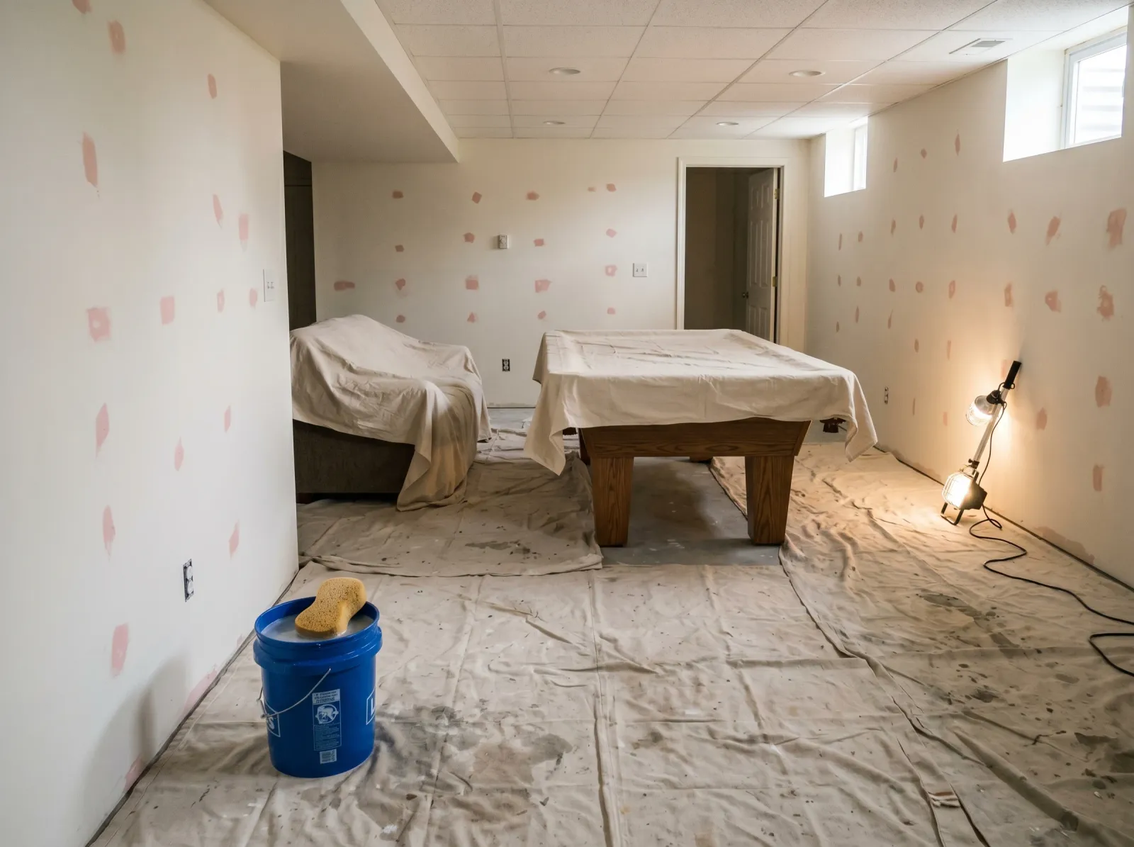 Basement rec room prepped with furniture centered, walls washed and patched