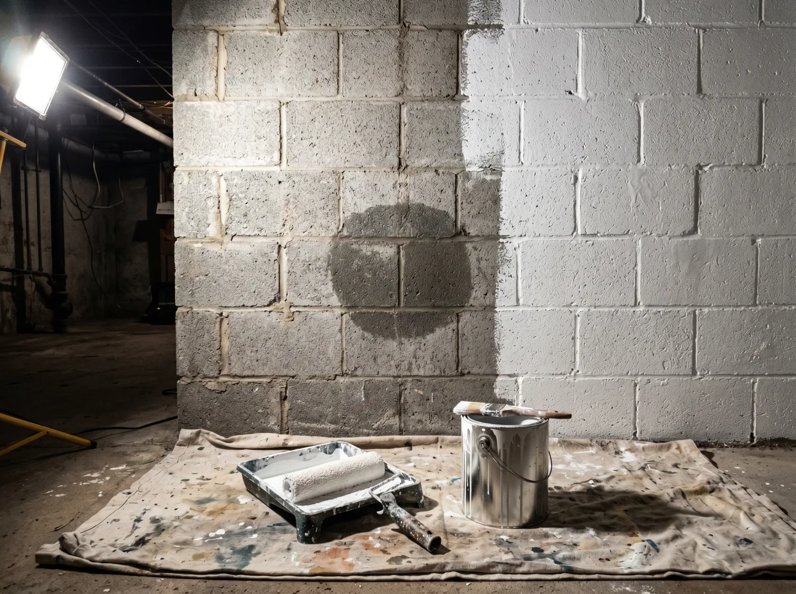 Basement cinderblock wall partly coated in white masonry sealer with a primed water stain