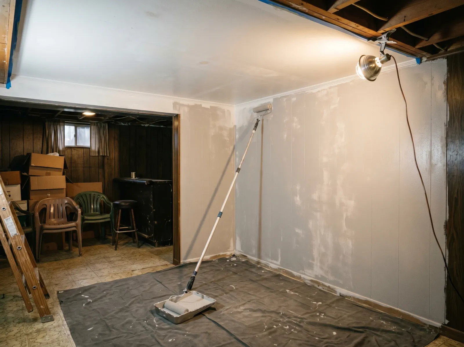 Basement rec room with flat white ceiling and warm grey walls being rolled
