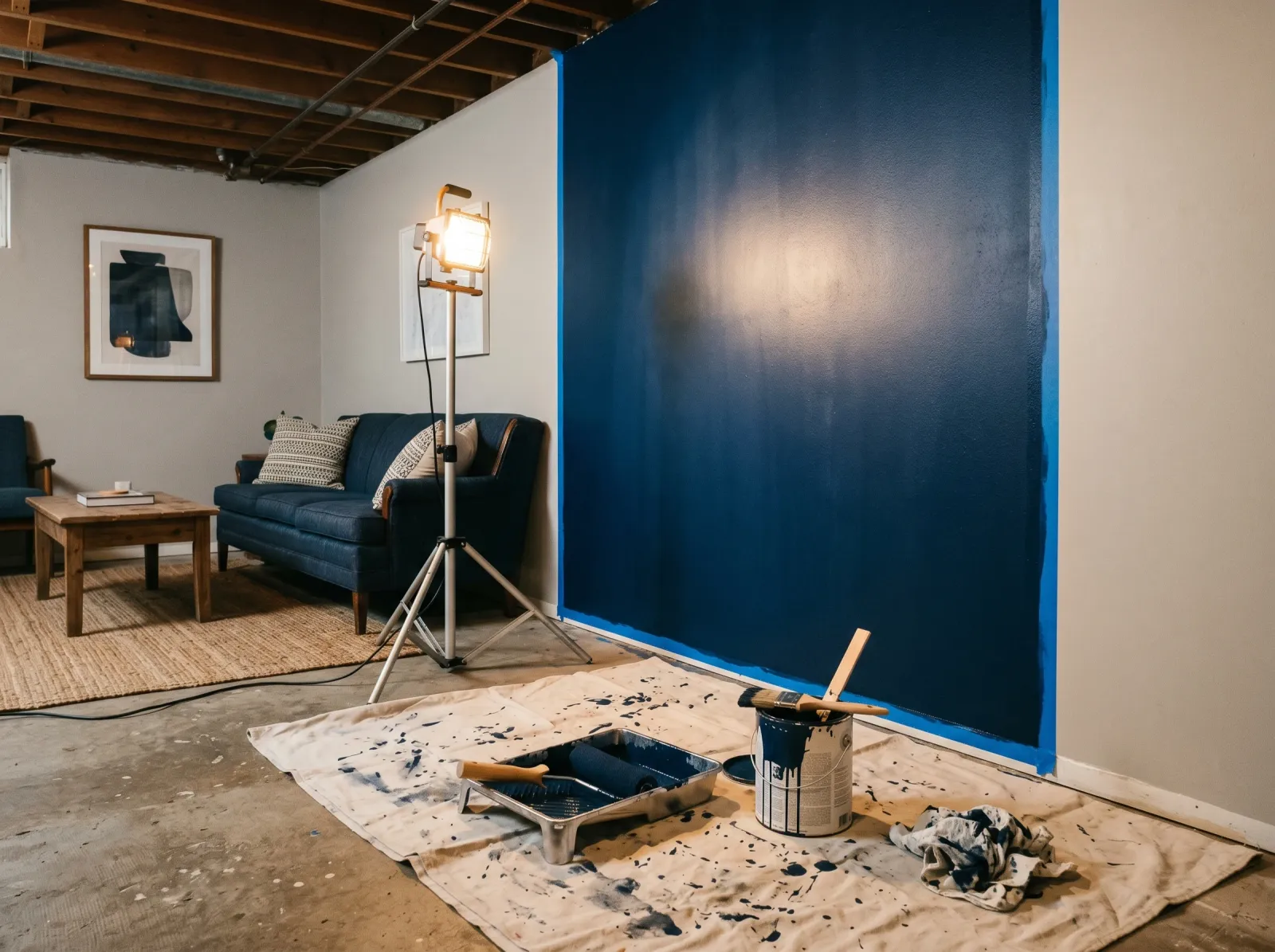 Basement game room with one wall painted deep navy next to warm grey walls