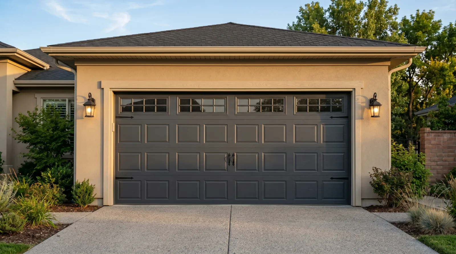 Freshly repainted charcoal steel double garage door on a contemporary American home in late afternoon sun