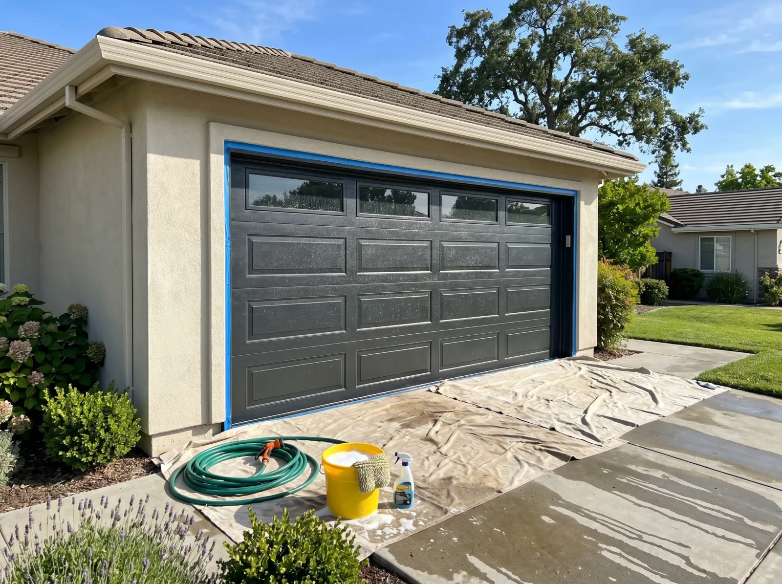 Closed steel garage door cleaned and masked with tape, hose and bucket at base