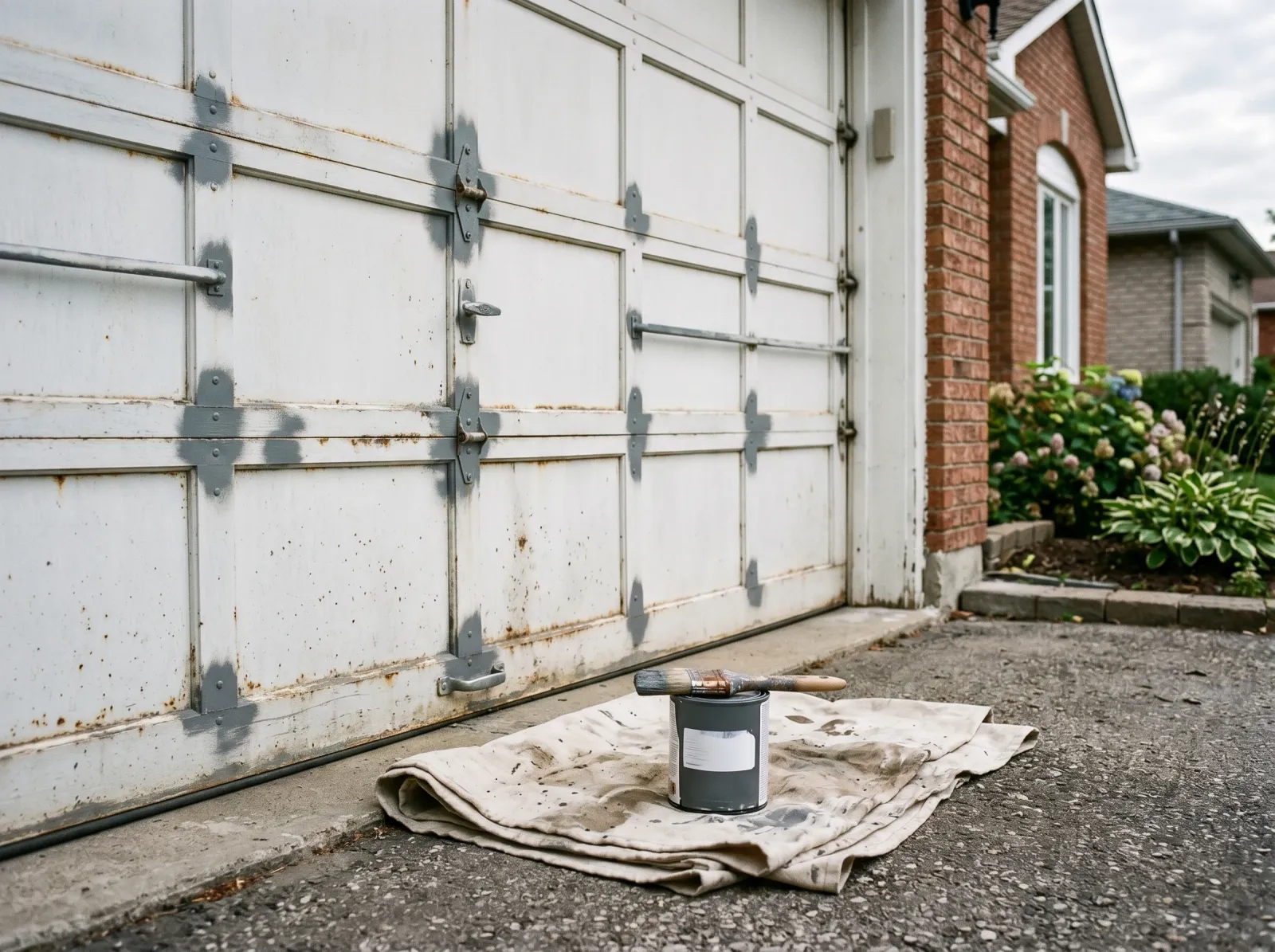Steel garage door with rust spots spot-primed in grey primer, brush and can at base