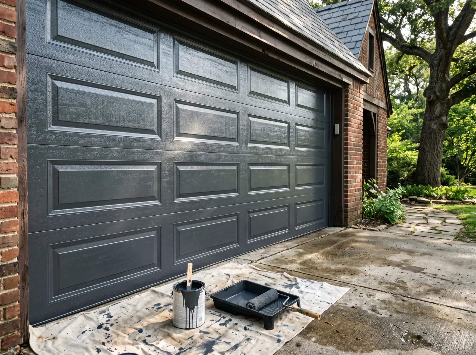 Garage door with first coat of charcoal DTM acrylic paint, roller and tray at base