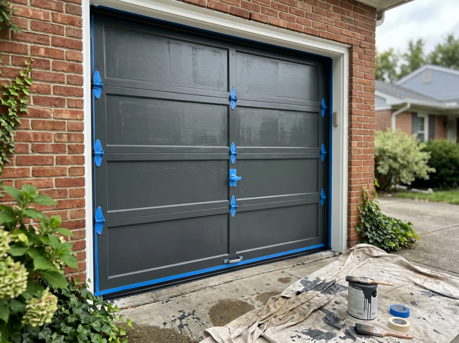 Garage door with second coat curing in afternoon shade, drop cloth pulled back