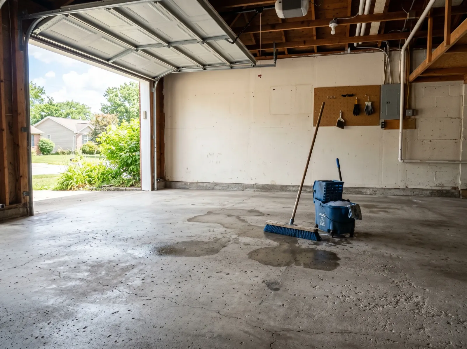 Empty garage with bare swept concrete floor and degreased oil spots