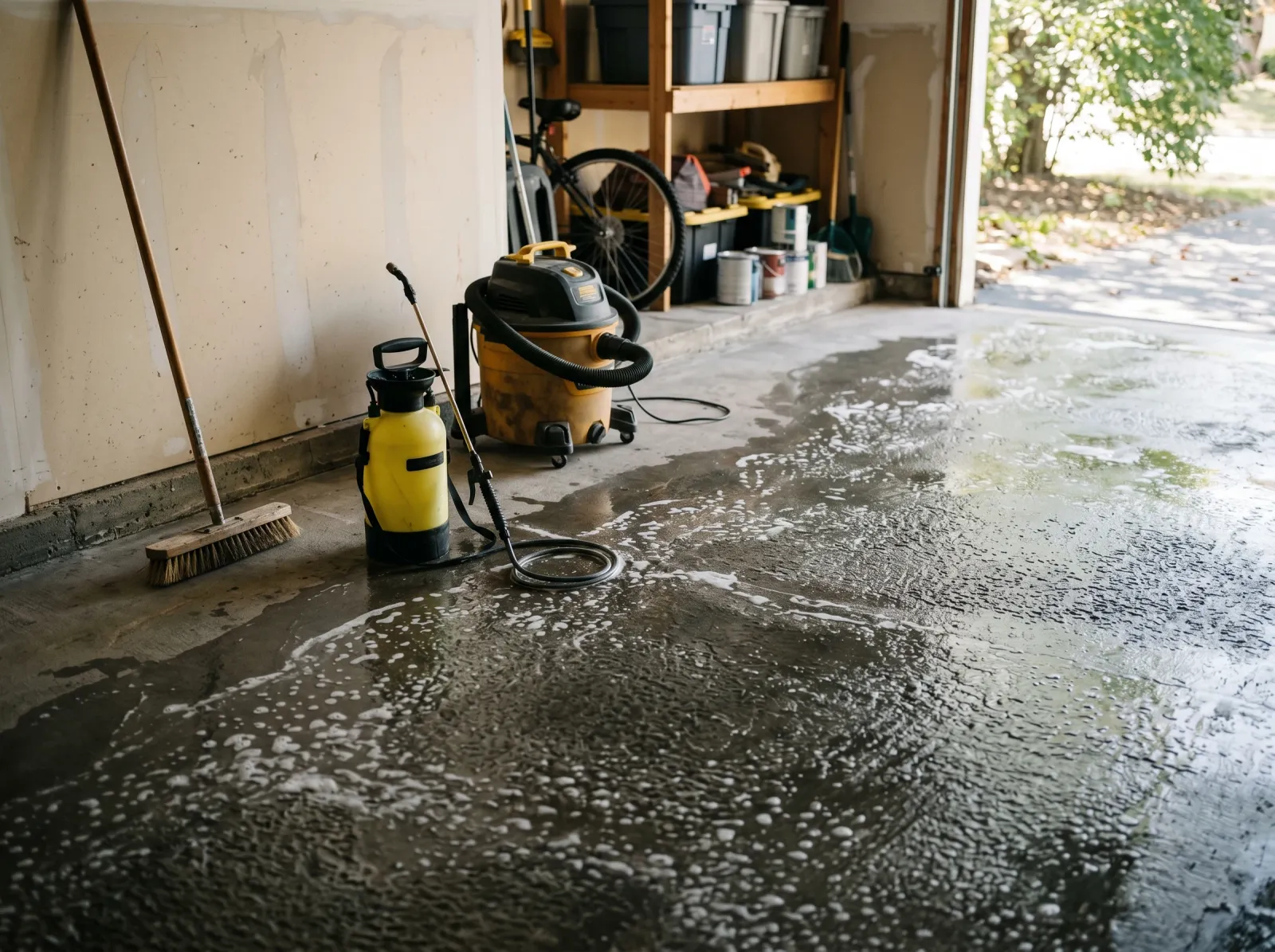 Garage concrete floor being etched and rinsed, sprayer and shop vac nearby