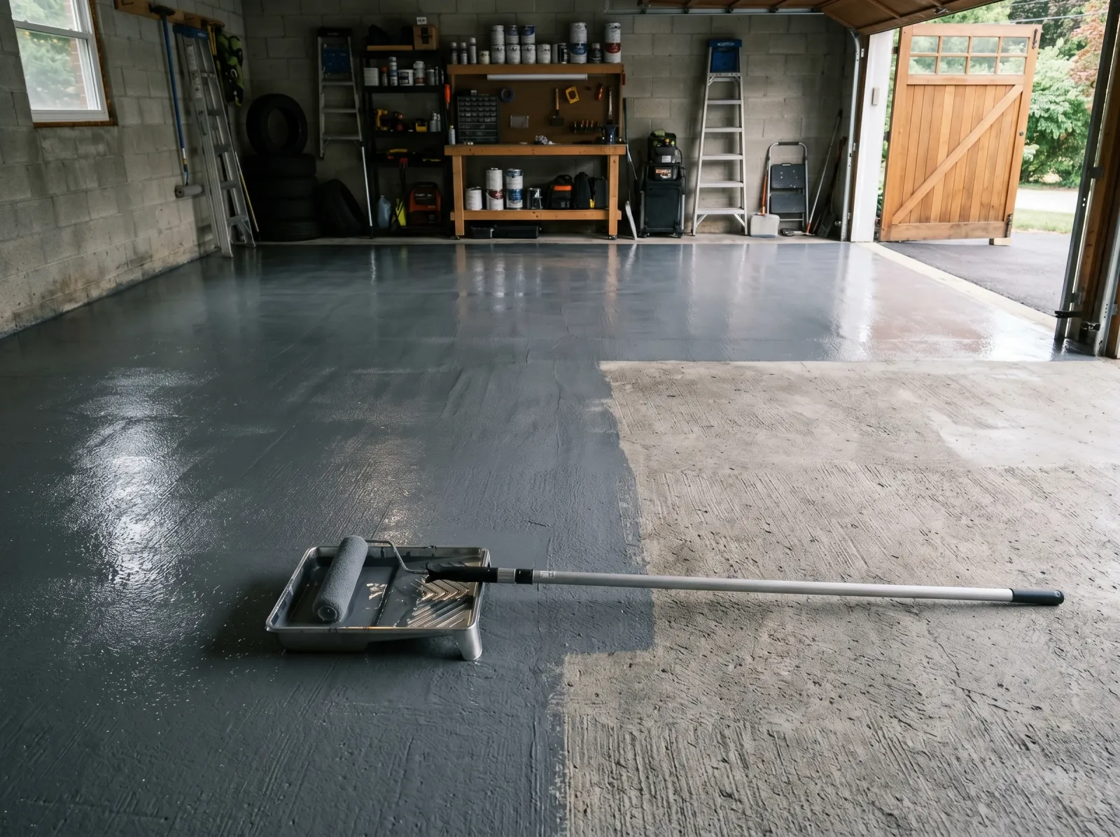 Garage floor with first coat of gray coating rolled across half the slab