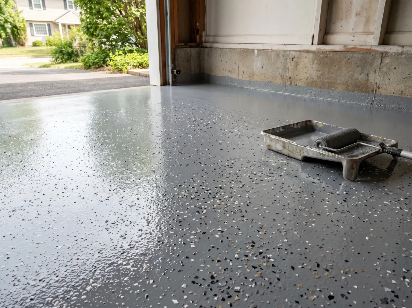 Garage floor with even second coat of gray coating and decorative chips broadcast into it