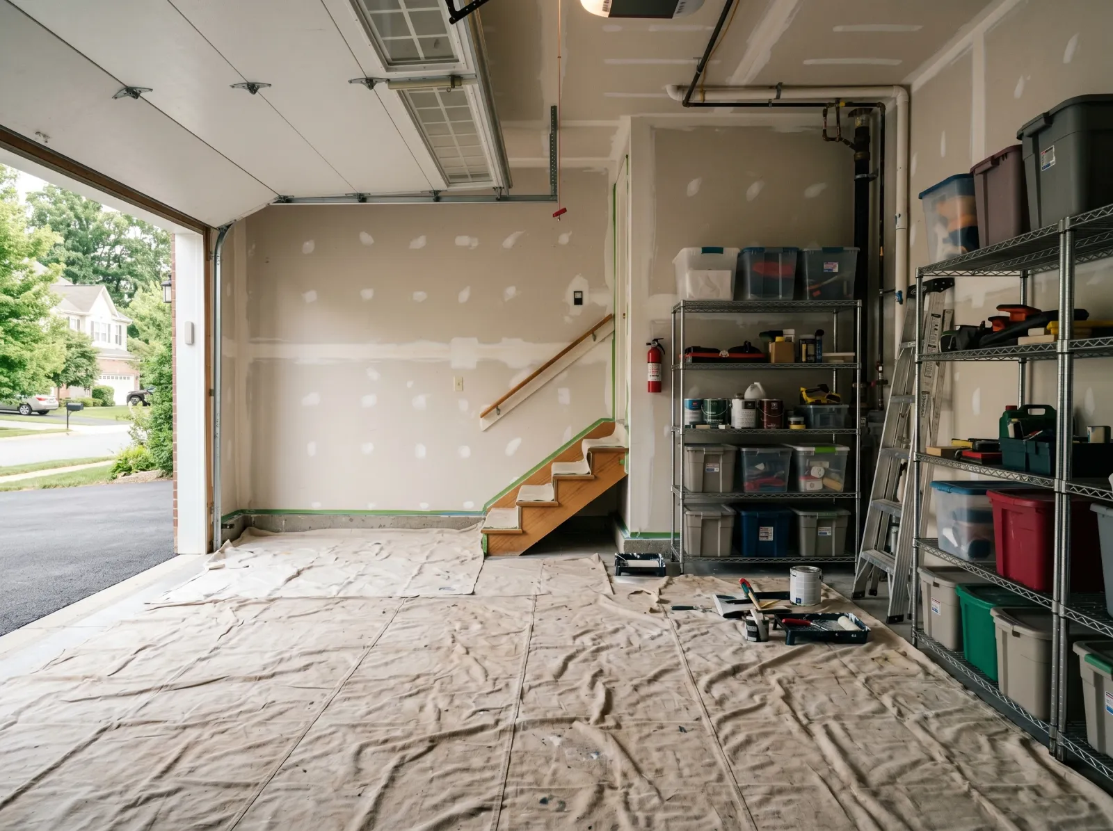Garage prepped for paint with walls dusted and screw holes patched